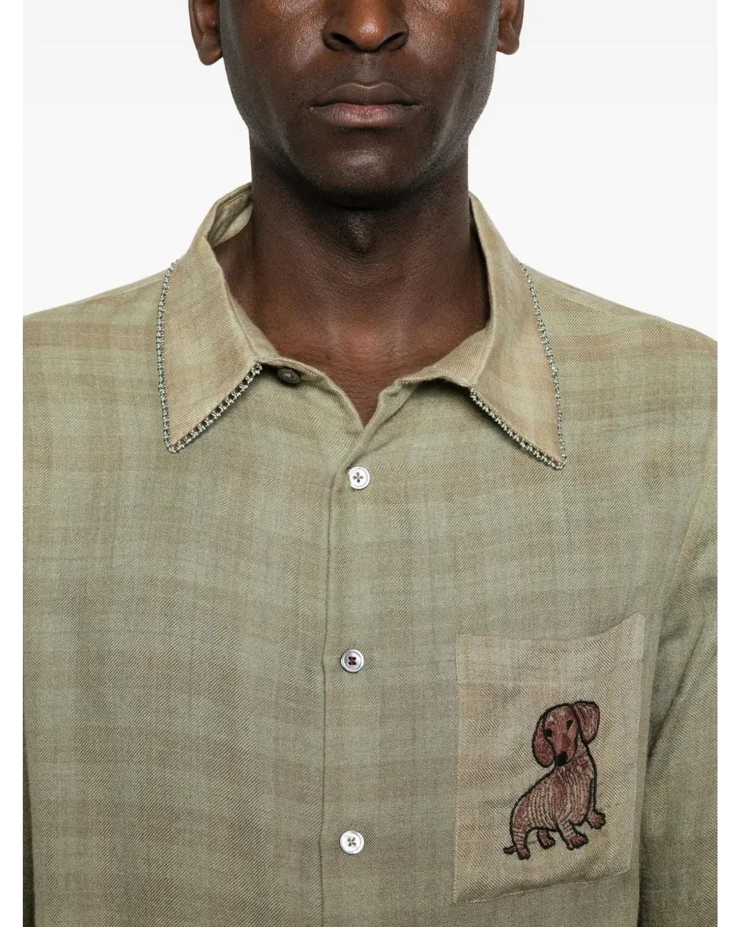BAZISZT Green Checked Embroidered-Patch Shirt for men