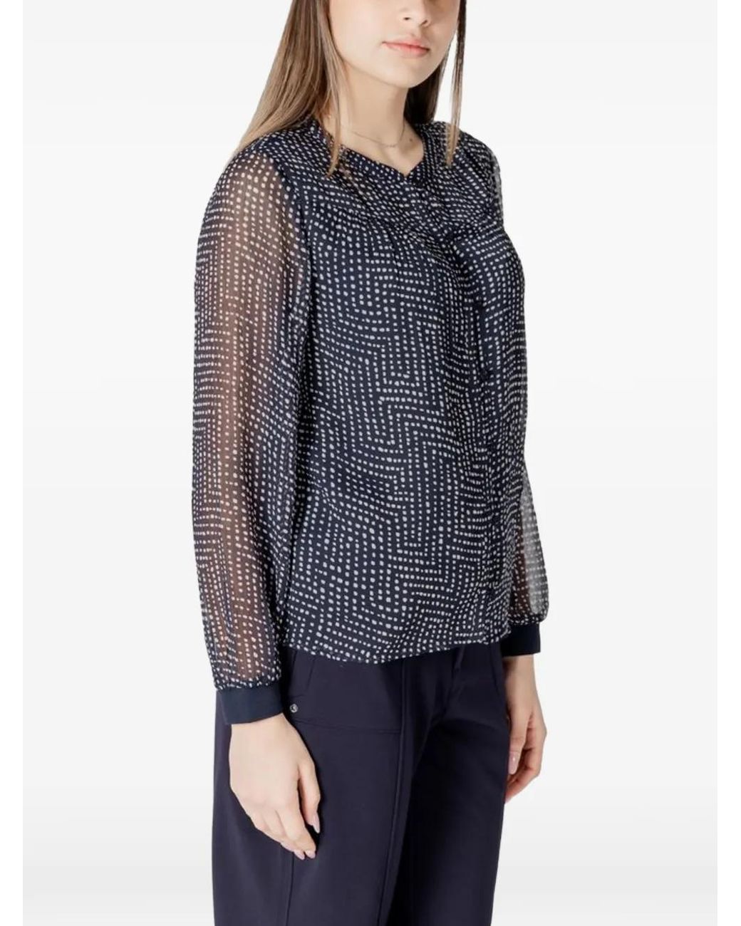 Street One Blue Geometric-Print Long-Sleeve Blouse
