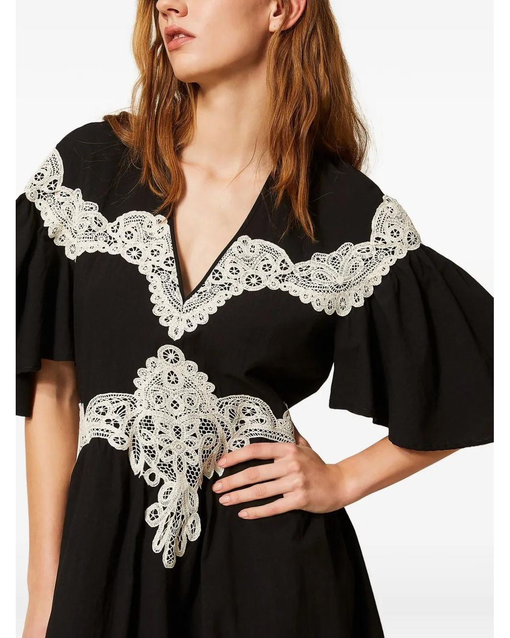 Twinset Black Short Muslin Dress With Macramé