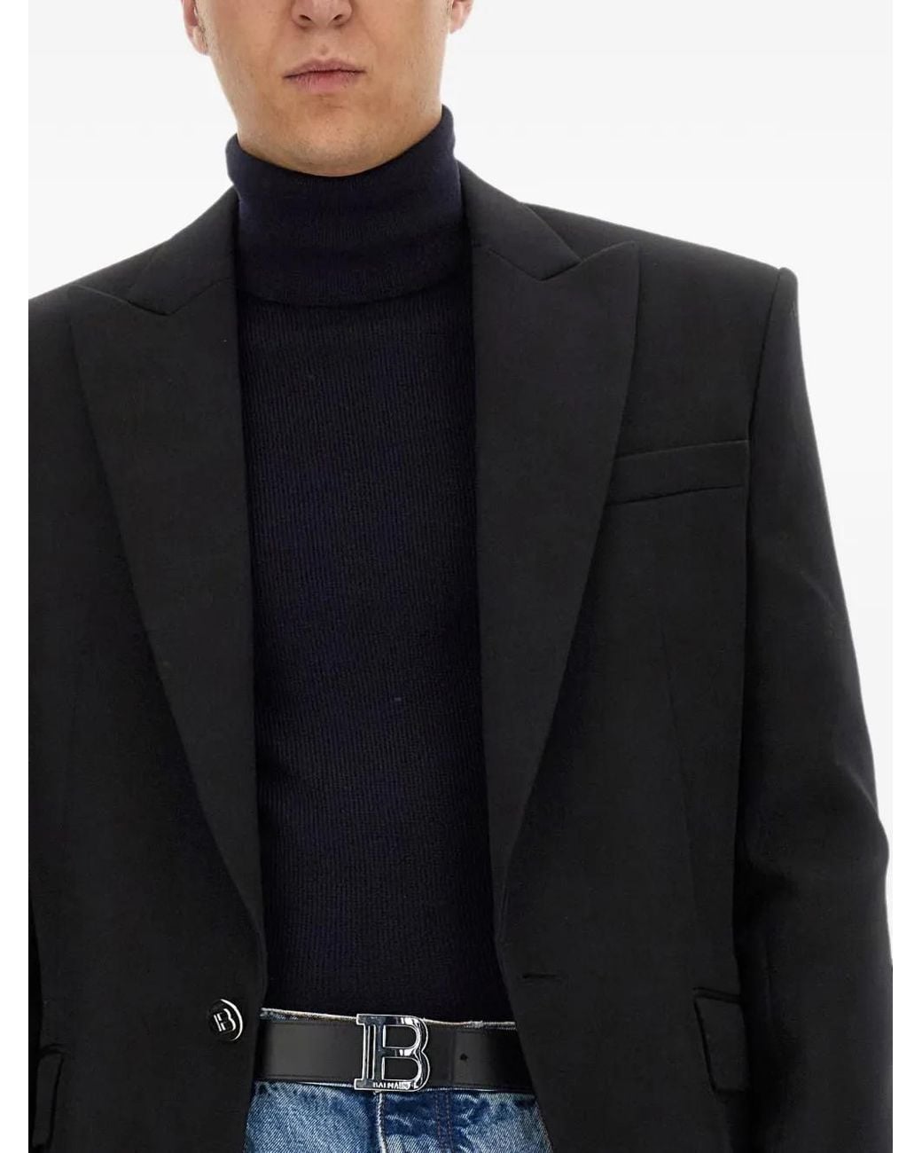 Balmain Blue High-Neck Logo-Patch Sweater for men