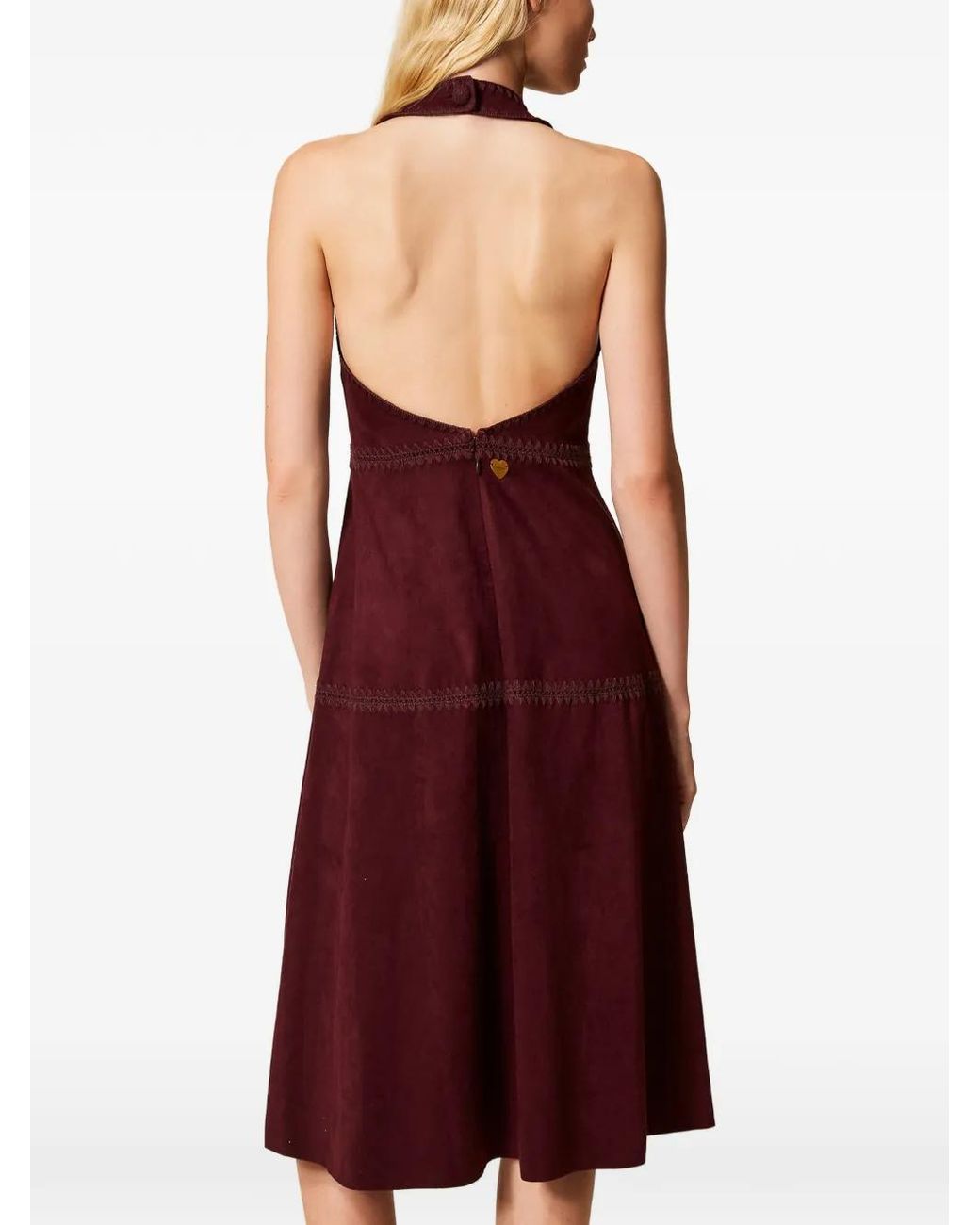 Twinset Purple Midi Suede Dress With Embroidery