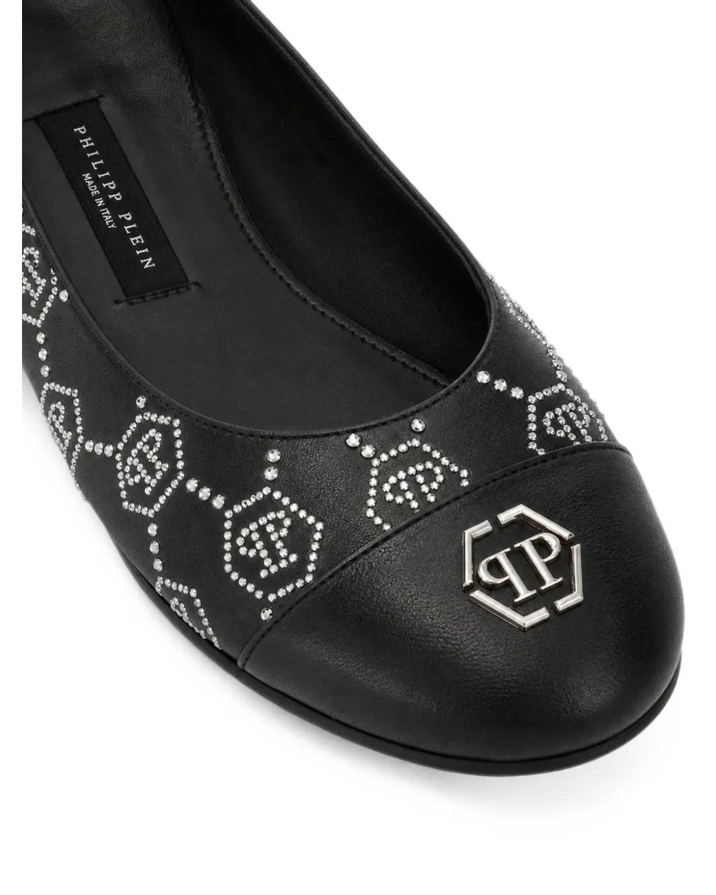 Philipp Plein Black Nappa-Leather Ballerina Flats Monogram Strass