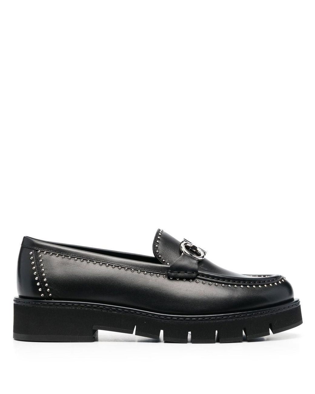 Ferragamo Rolo Lug Studded Leather Loafers in Black | Lyst
