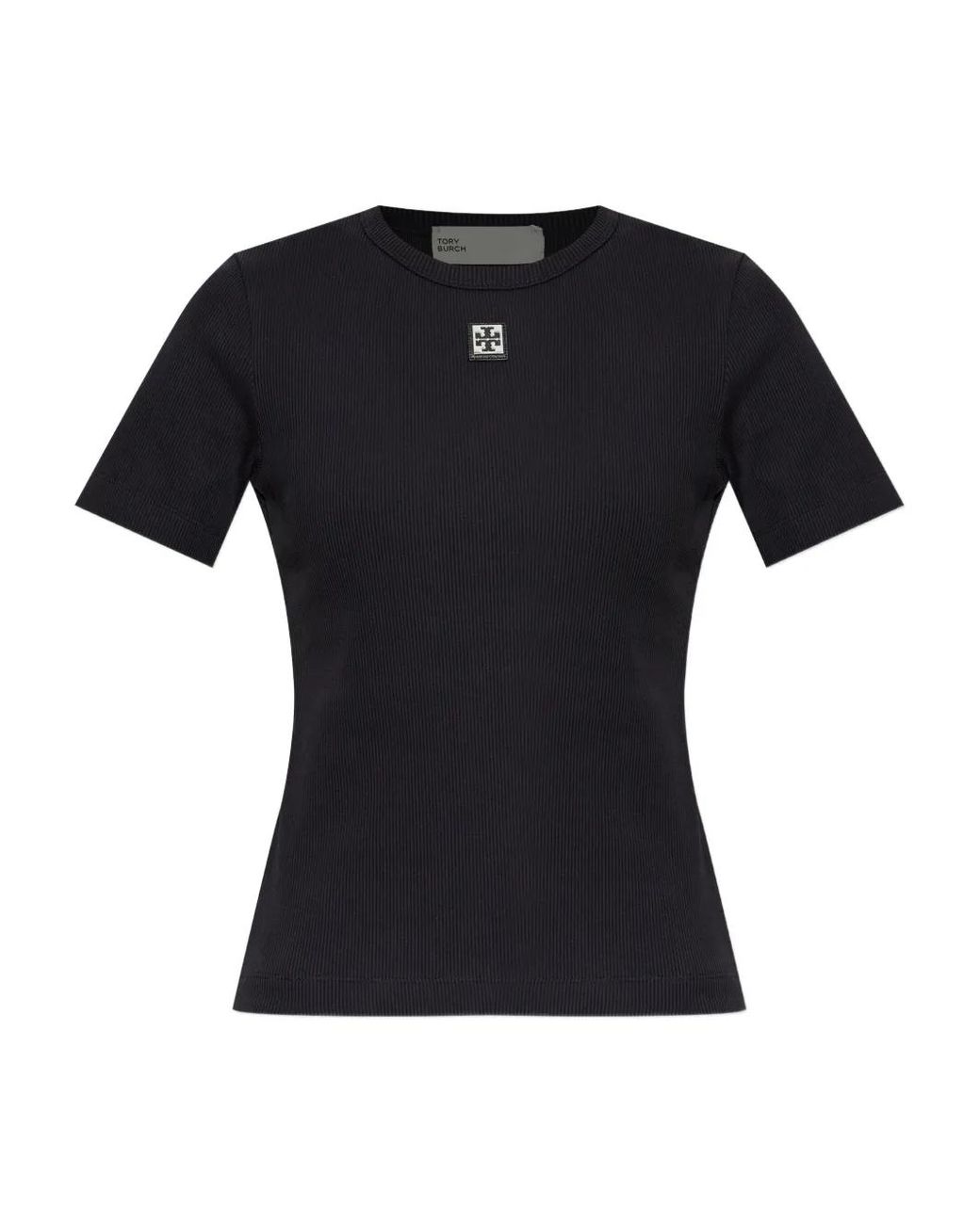 Tory Burch Black Ribbed Top With Logo Patch