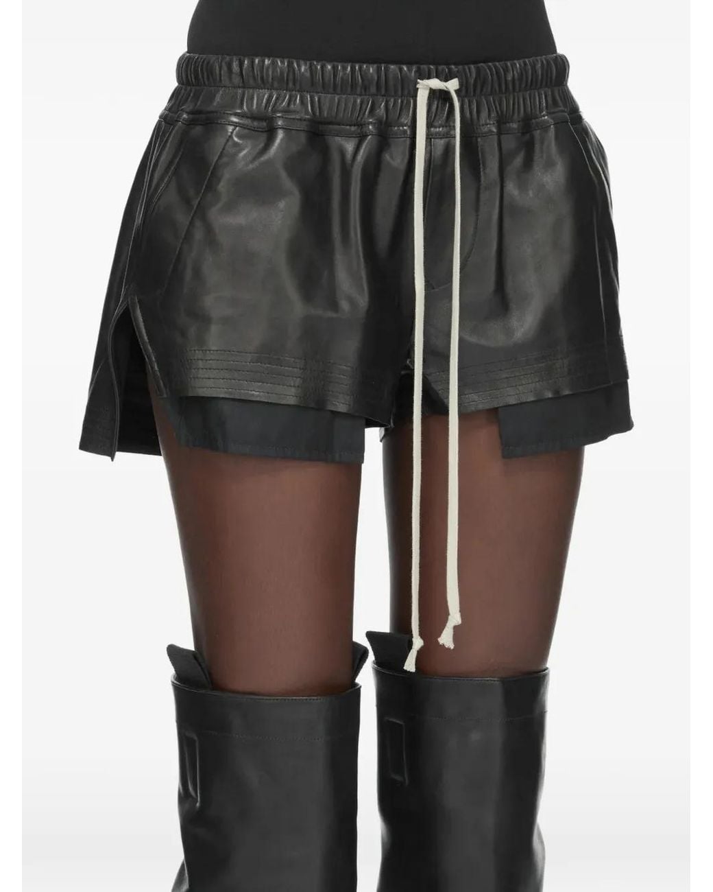 Rick Owens Black Drawstring Layered Leather Shorts