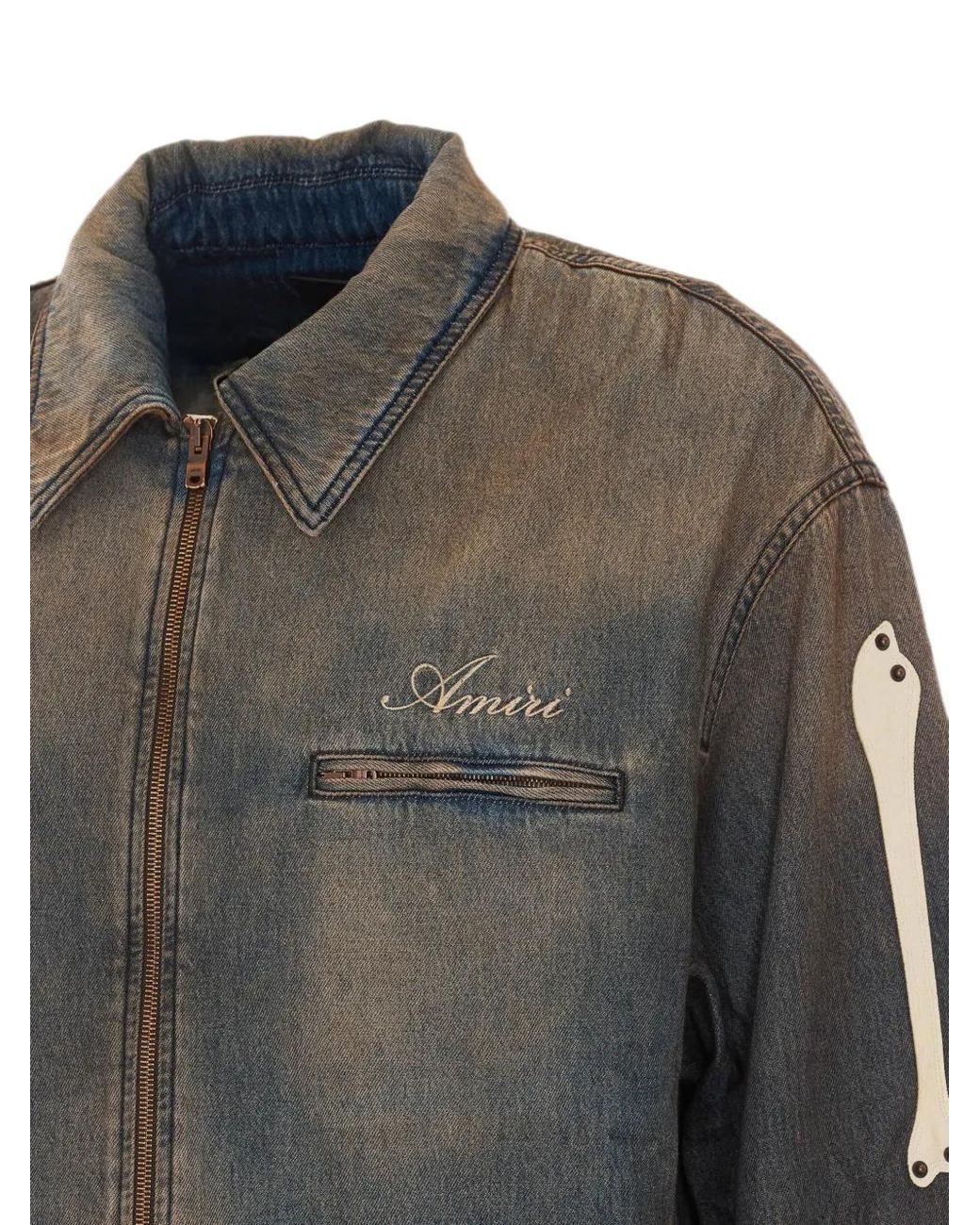 Amiri Gray Lea Bones Zip-Up Denim Jacket for men