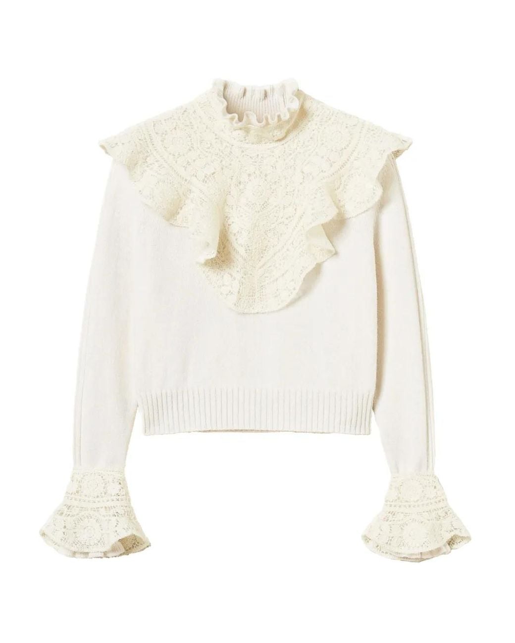 Twinset White Lace-Trimmed Ruffled Jumper