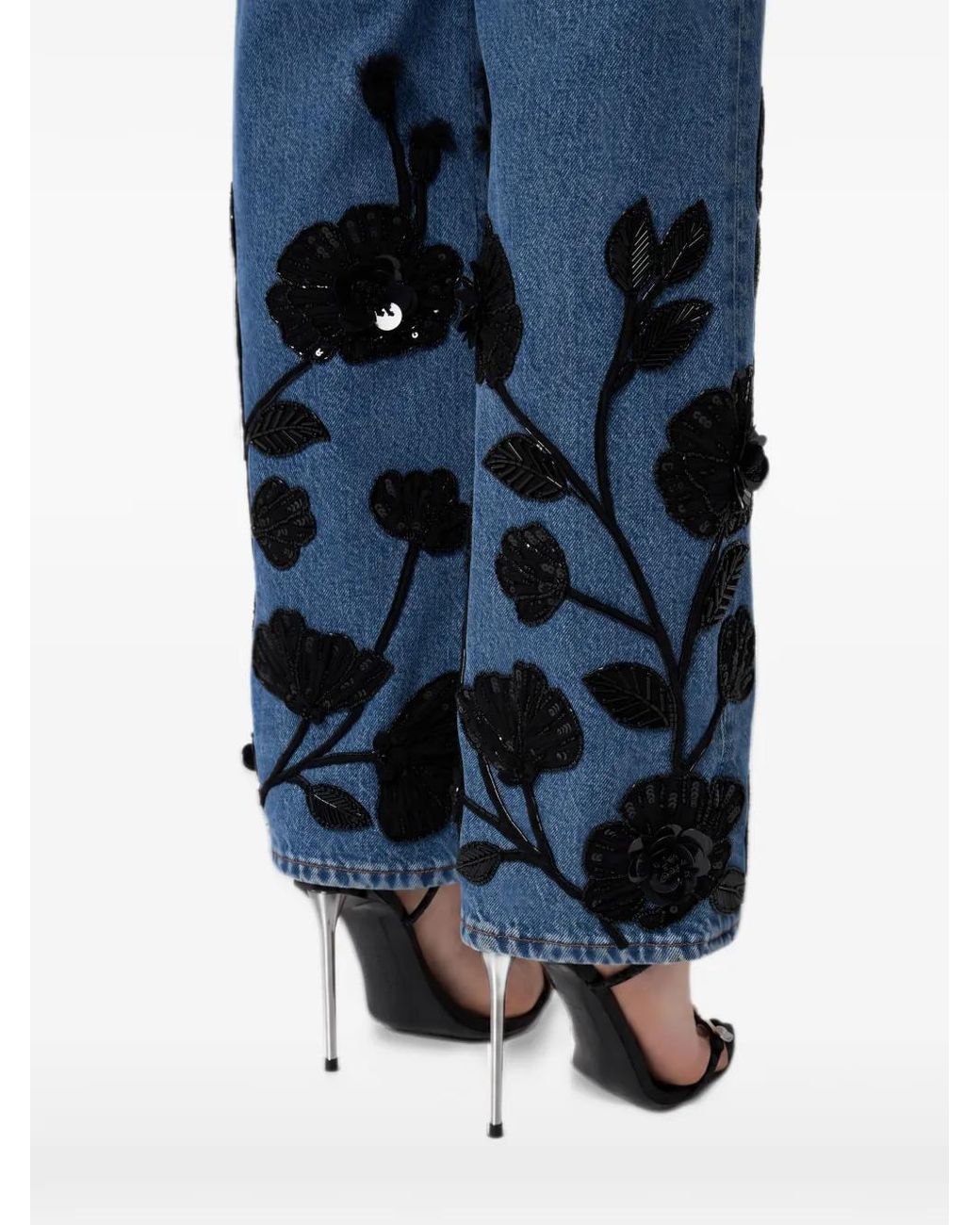 Philipp Plein Blue Flower-Embroidered Pocket Jeans