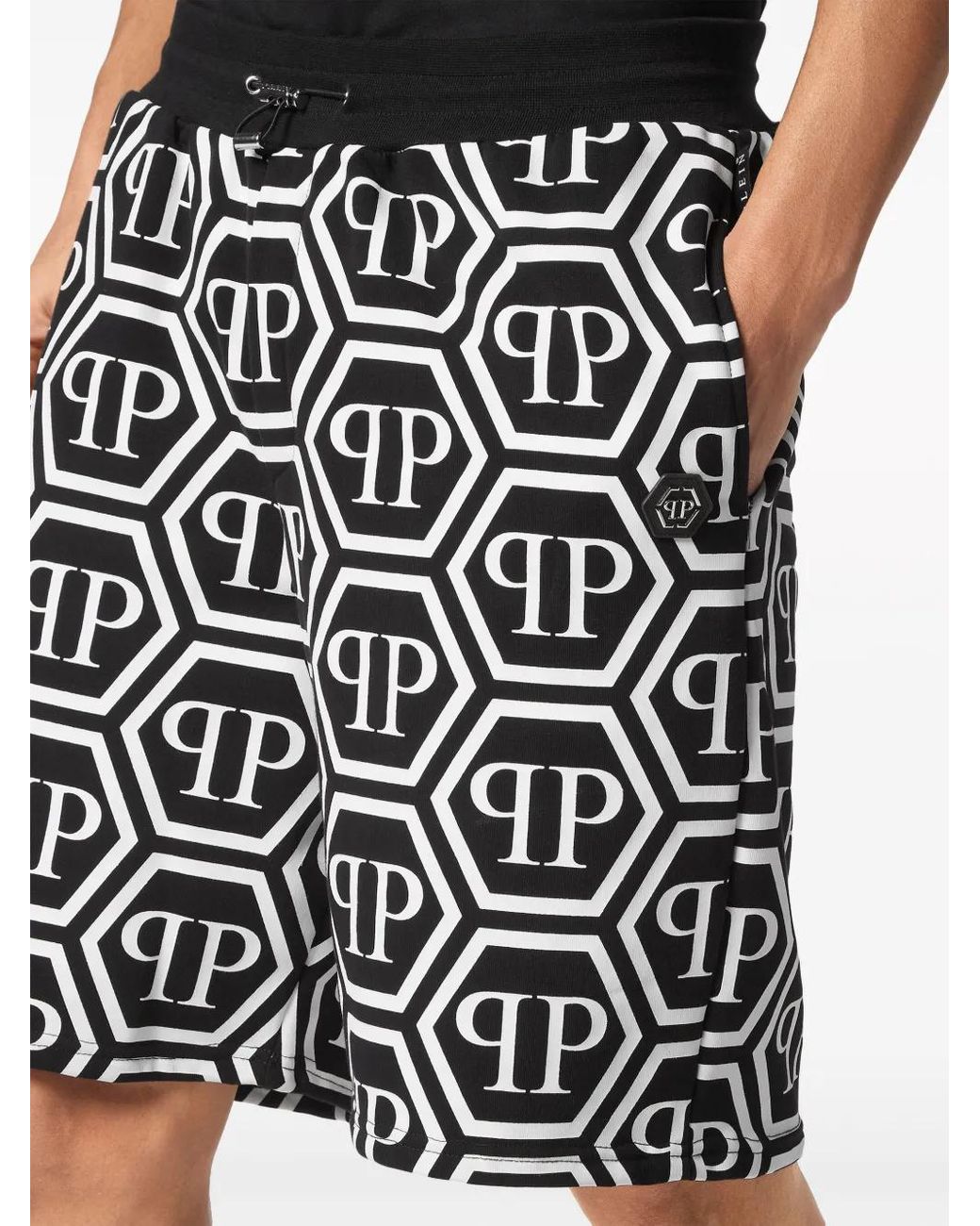 Philipp Plein Black Monogram Drawstring Track Shorts for men