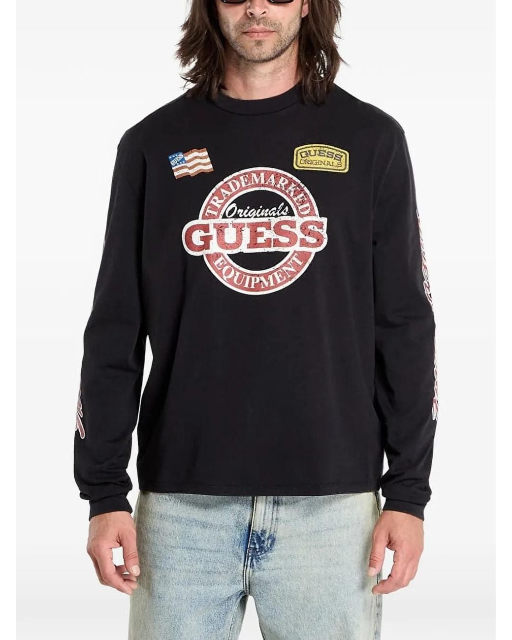 Guess Black Graphic-Print Long-Sleeve T-Shirt for men