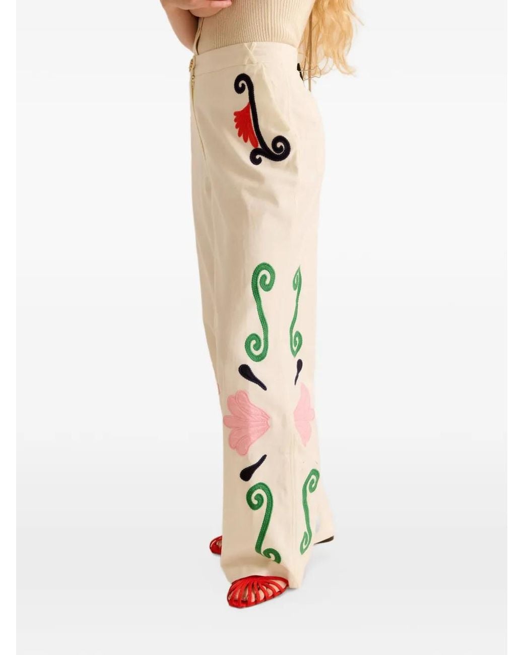 Carolina K White Sam Embroidered Wide-Leg Trousers