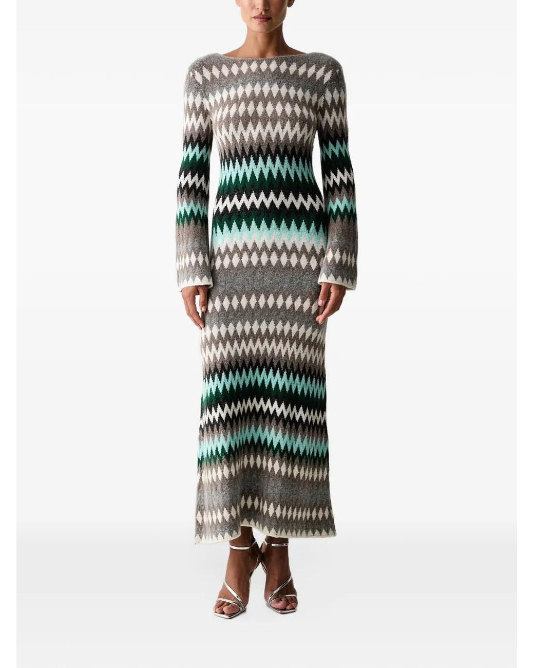 Twinset Gray Jacquard-Knit Long-Sleeve Maxi Dress