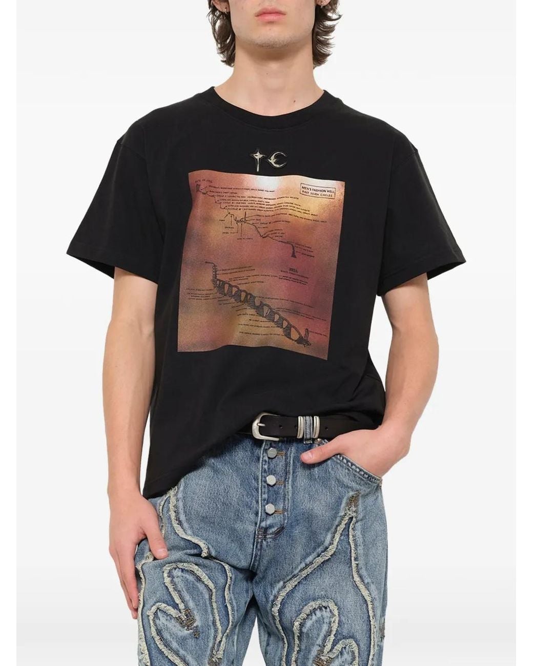 THUG CLUB Black Fashion Hell Graphic-Print Logo-Plaque T-Shirt for men