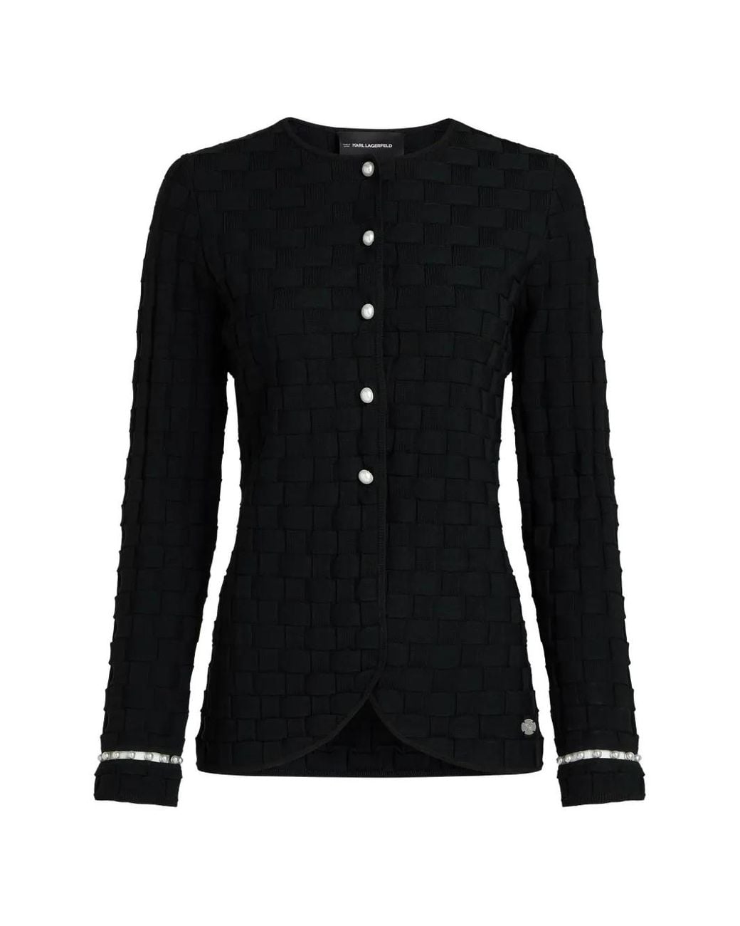 Karl Lagerfeld Black Pearl-Embellished Basket-Weave Cardigan