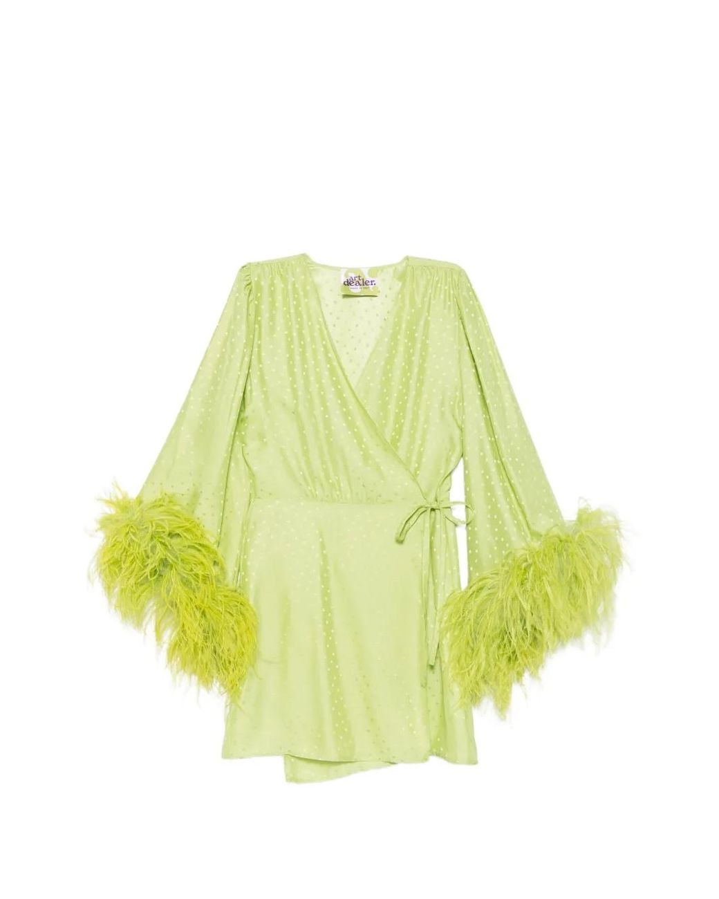 Art Dealer Yellow Iris Feather-Trim Wrap Mini Dress