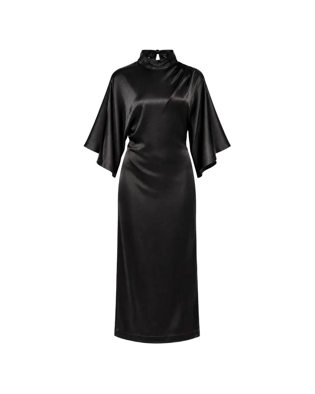 SOLOTRE Black Satin-Finish Flared-Sleeve Midi Dress