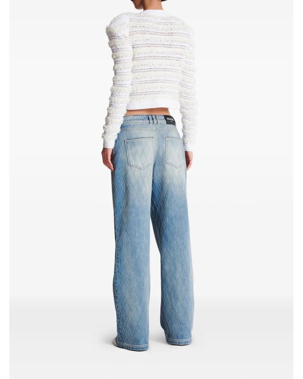 Balmain Blue Diamond-Stitched Denim Jeans