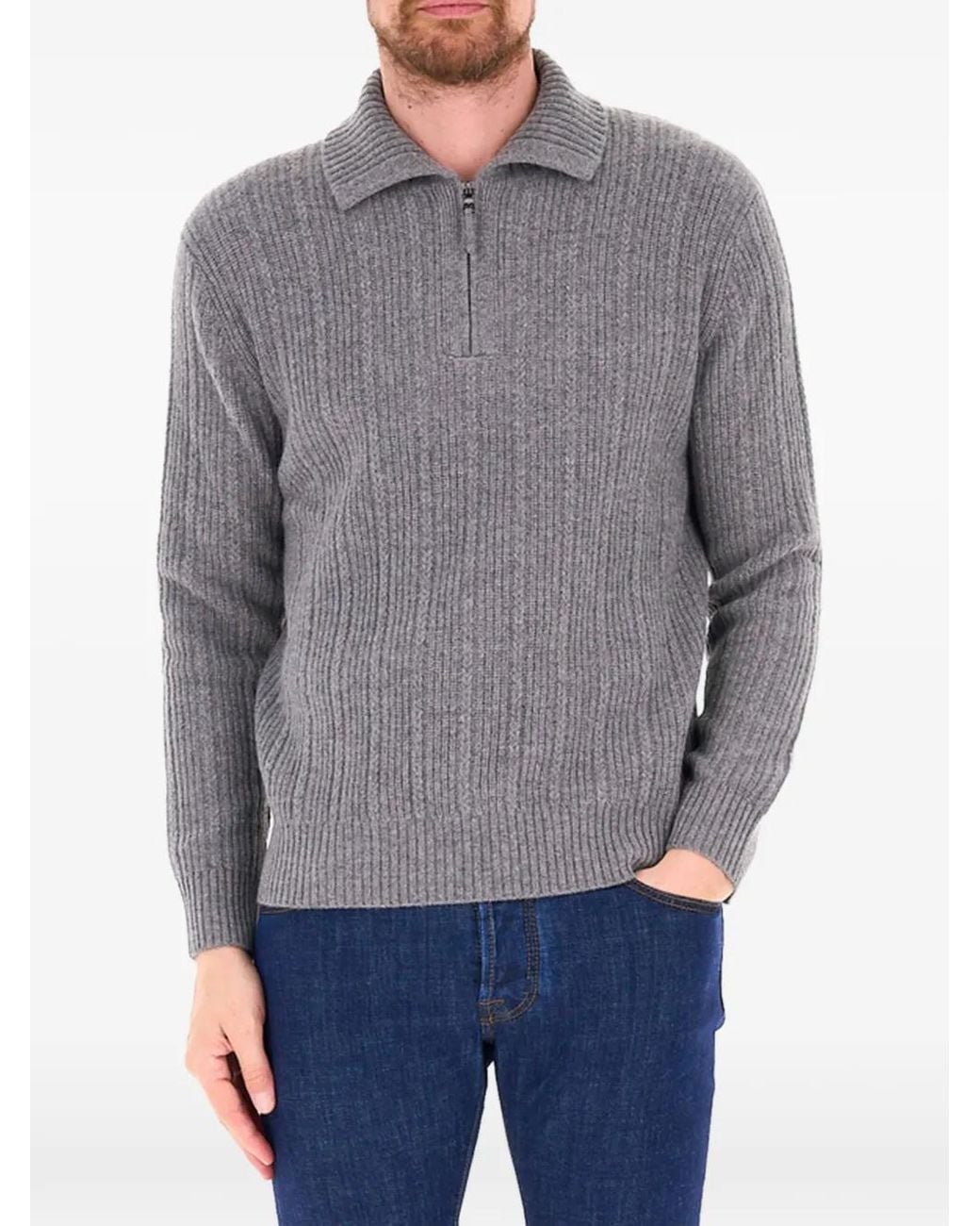 Ballantyne Gray Ribbed-Knit Quarter-Zip Sweater for men