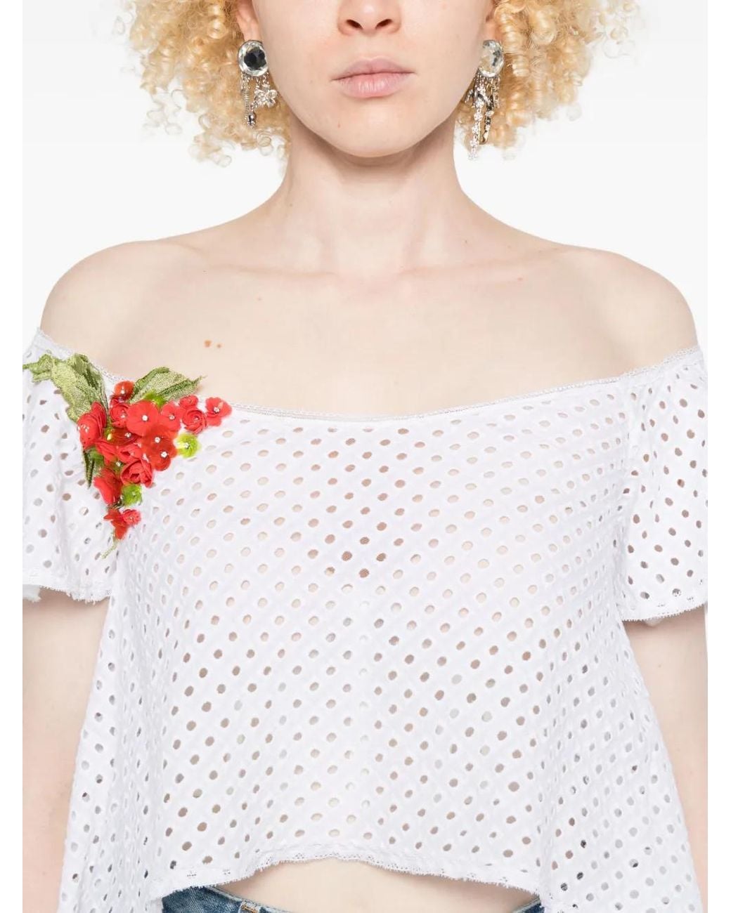 Gemy Maalouf White Embroidered Eyelet Top
