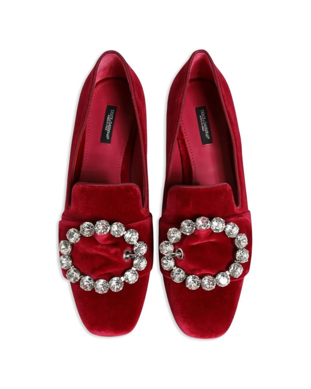 Dolce & Gabbana Red Rhinestone-Buckle Velvet Loafers