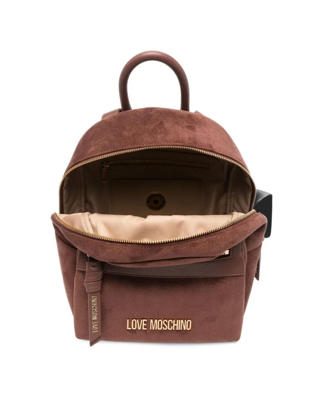 Love Moschino Brown Logo-Plaque Faux-Suede Backpack