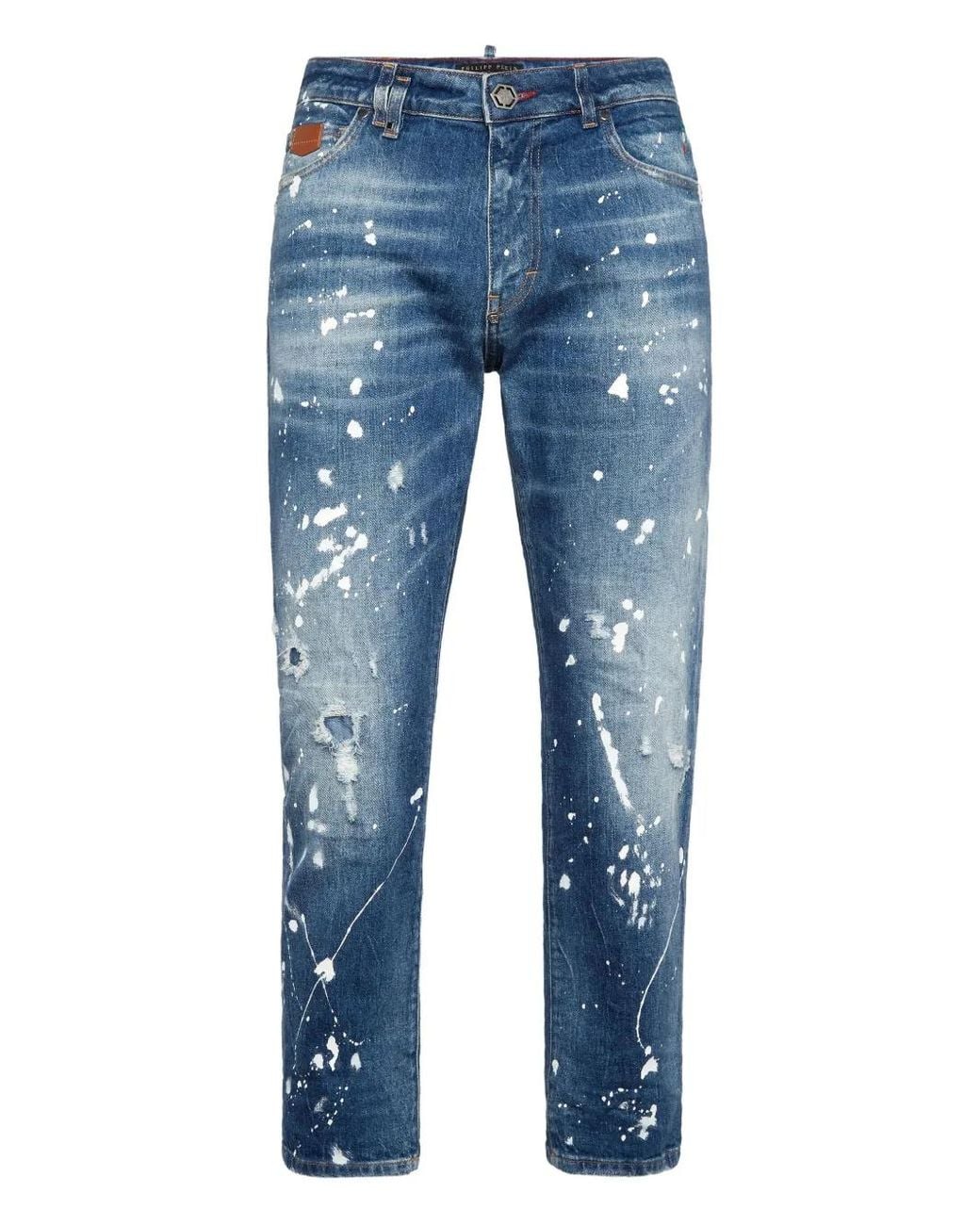 Philipp Plein Blue Detroit Fit Paint-Splatter Jeans for men