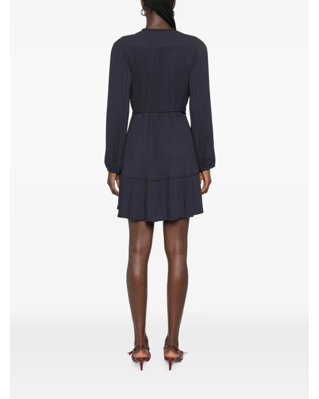 Maje Blue Robe Courte Plissée À Taille Nouée