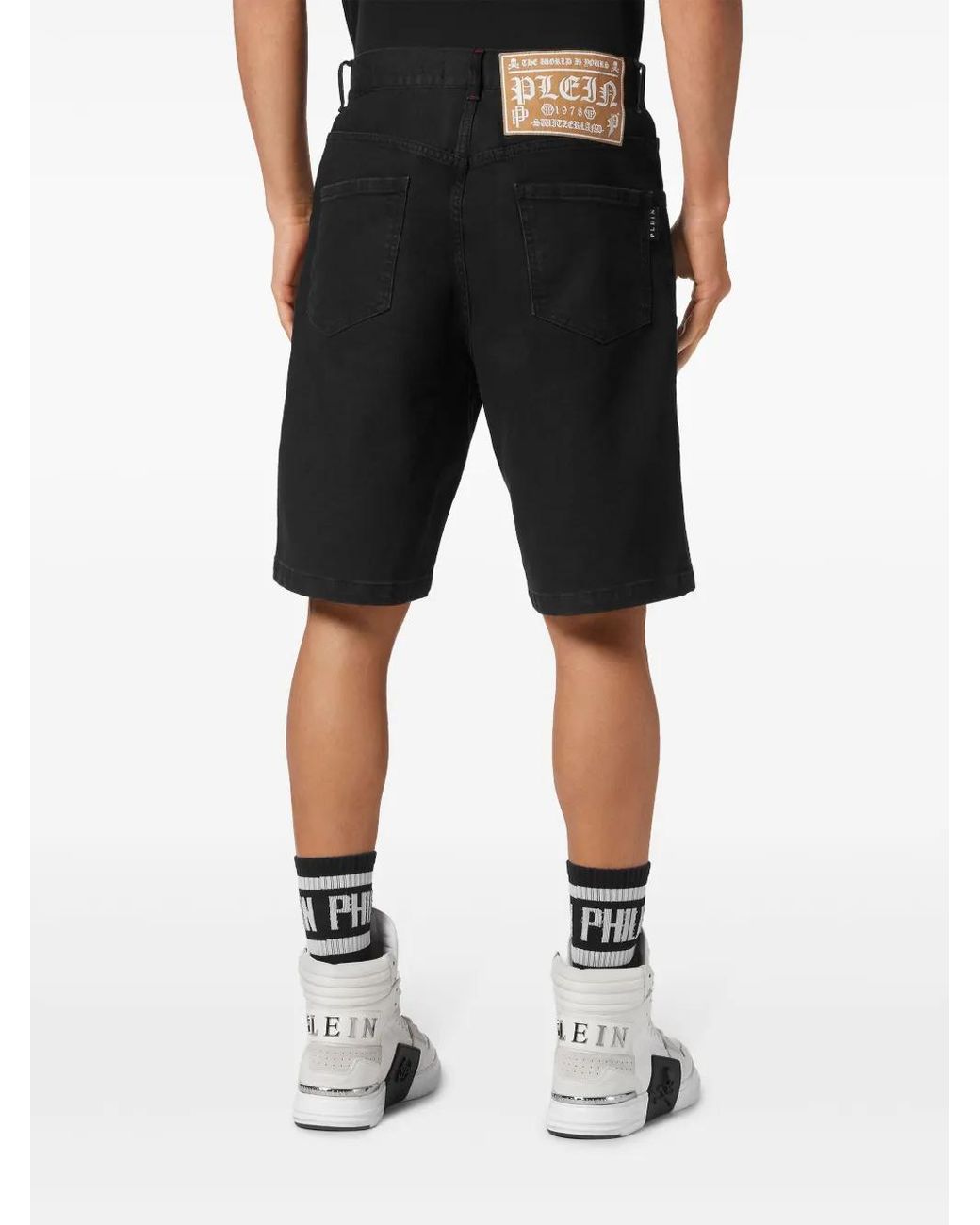 Philipp Plein Black Skull-Embroidered Denim Shorts for men