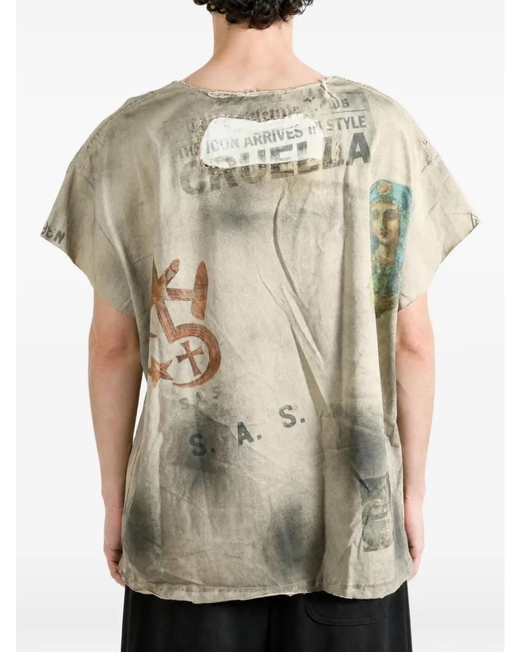 SAITOS Gray Patch-Detail Distressed T-Shirt