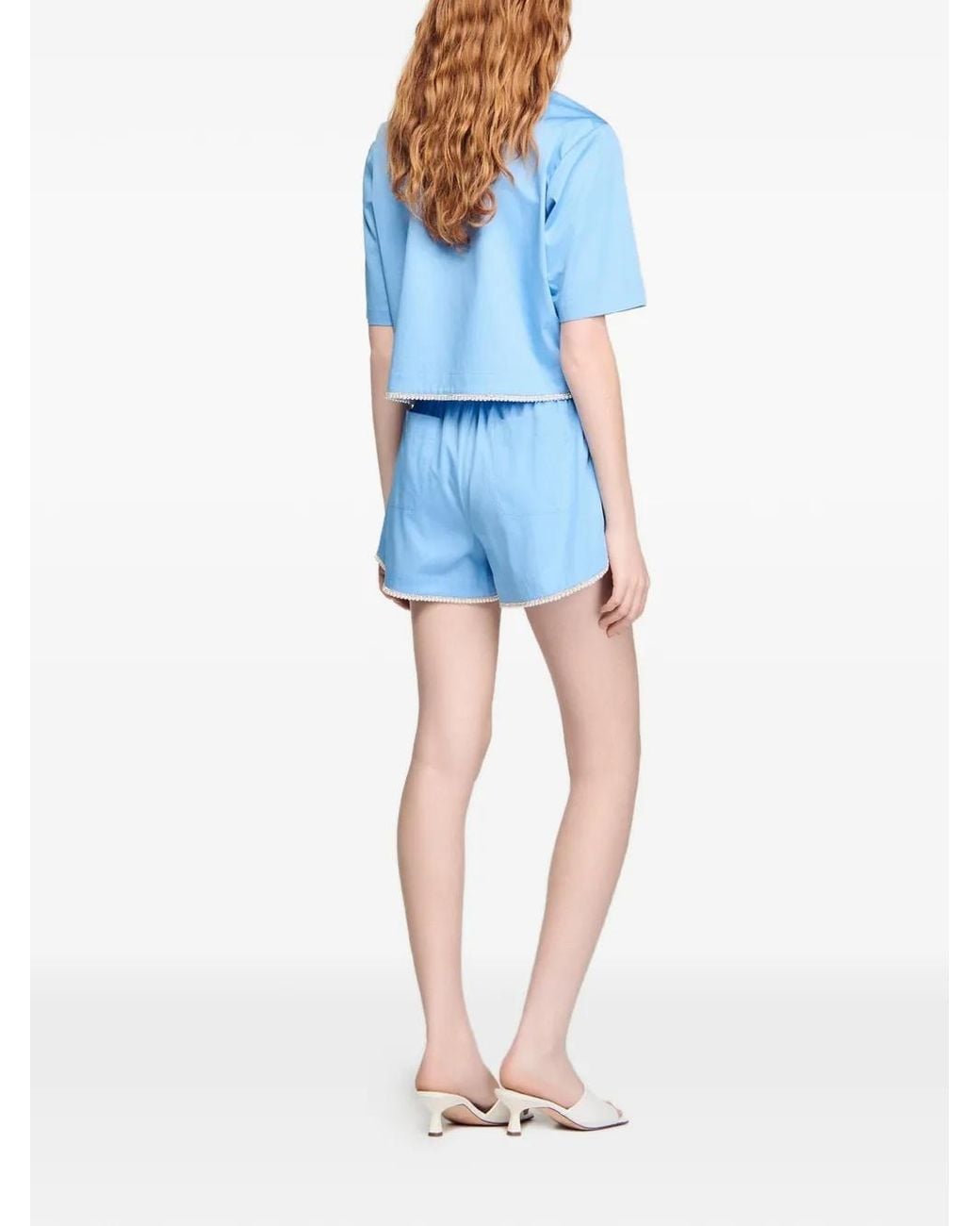 Sandro Blue Beaded Trim Cotton Shorts
