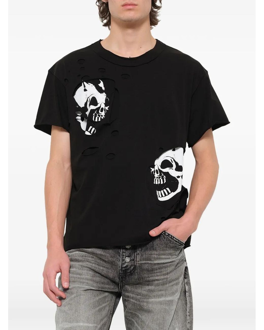 THUG CLUB Black Dead Inside Distressed Skull-Print T-Shirt for men