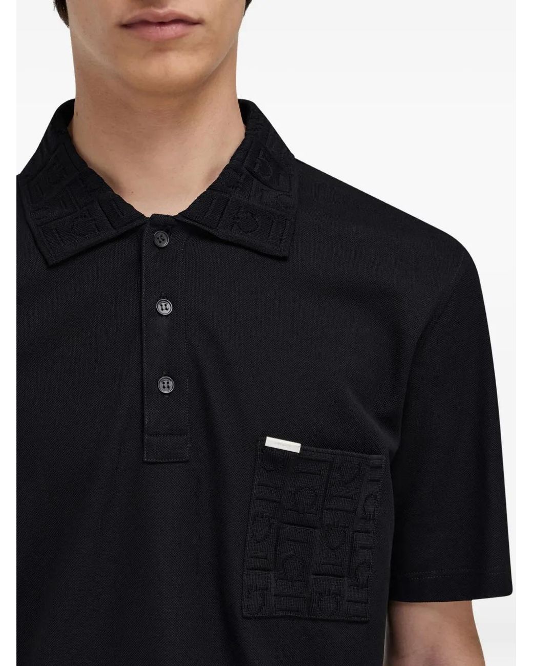 Ferragamo Black V-Neck Polo With Jacquard Pocket Detail for men