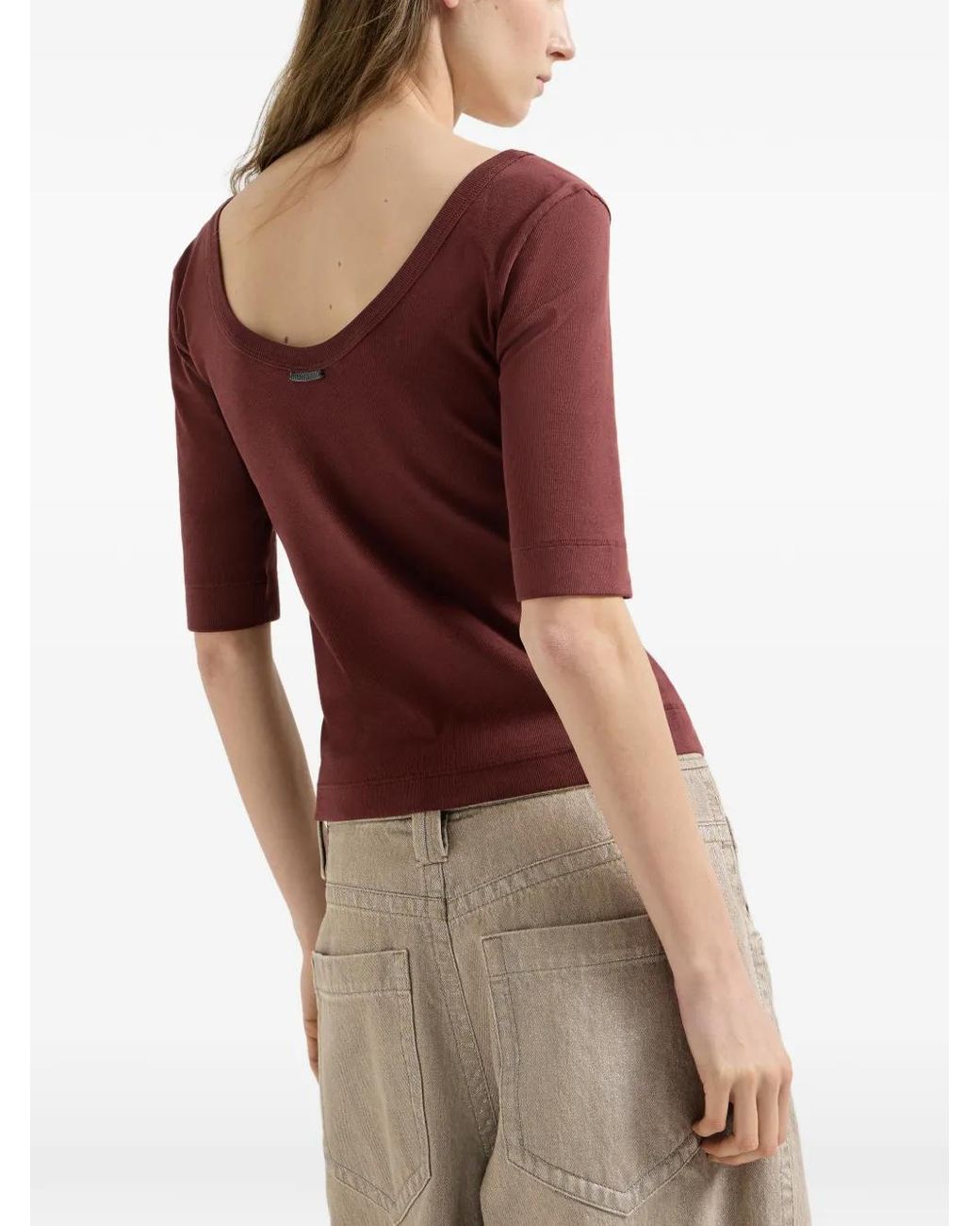 Brunello Cucinelli Red Stretch Cotton Ribbed Jersey T-Shirt With Monili