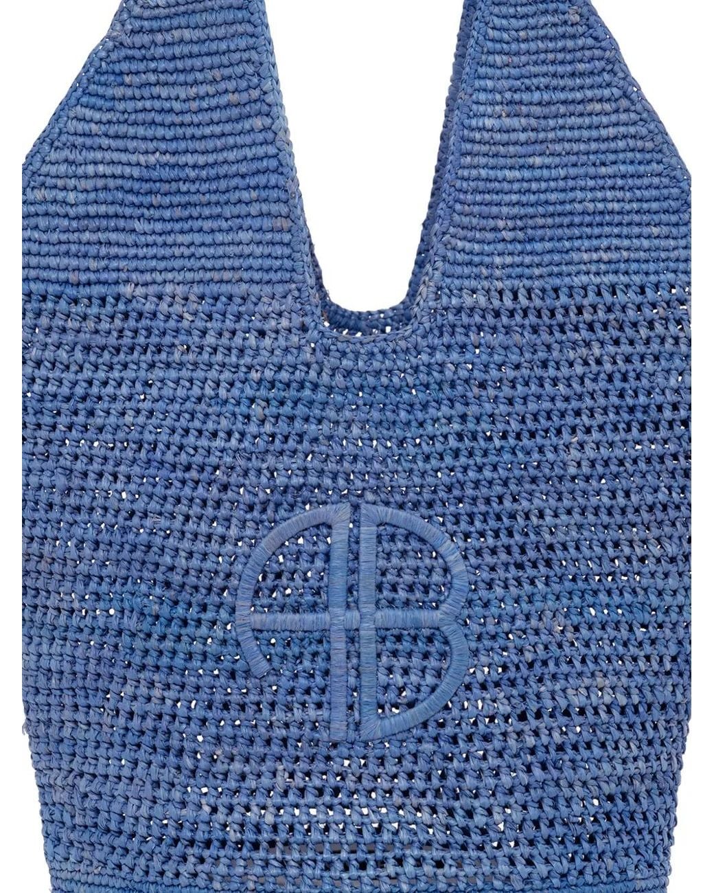 Anine Bing Blue Leah Logo Raffia Bag