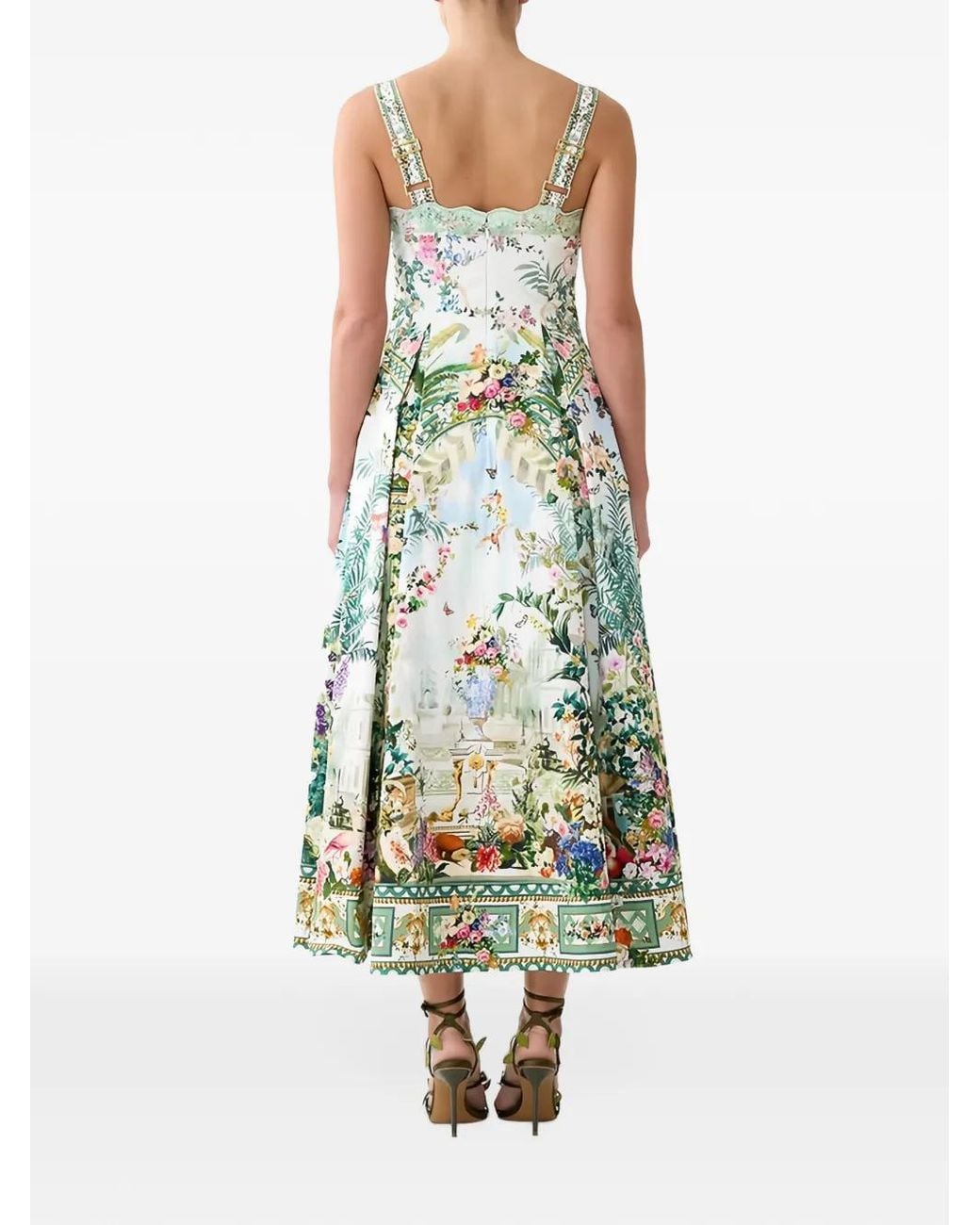 Camilla White Floral-Print Pleated Midi Dress