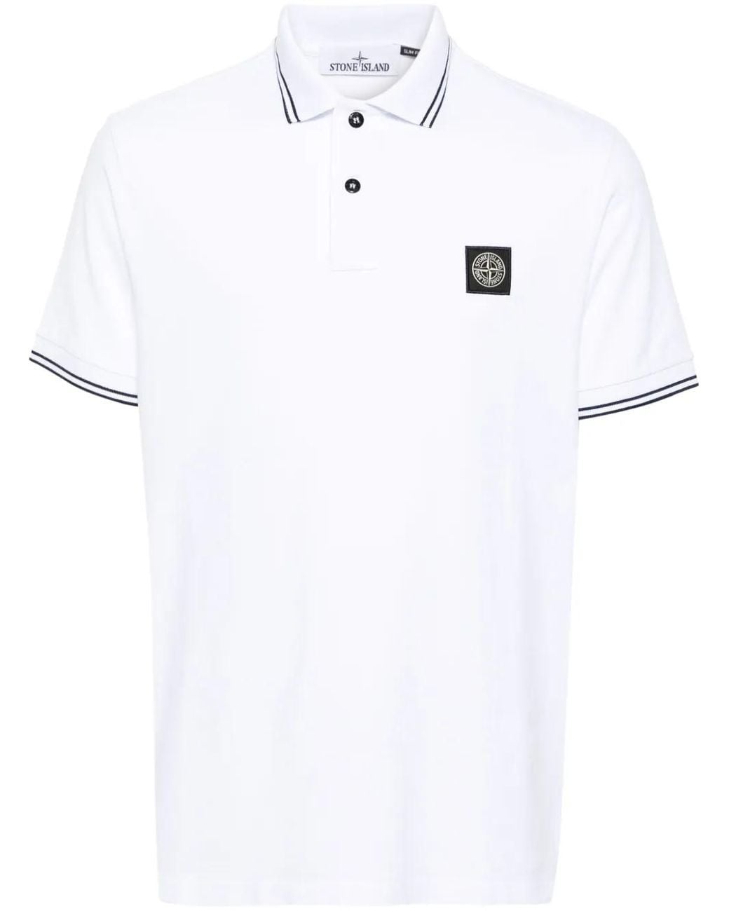 Stone Island White Slim Fit Ribbed Collar Polo With Contrasting Stripes for men