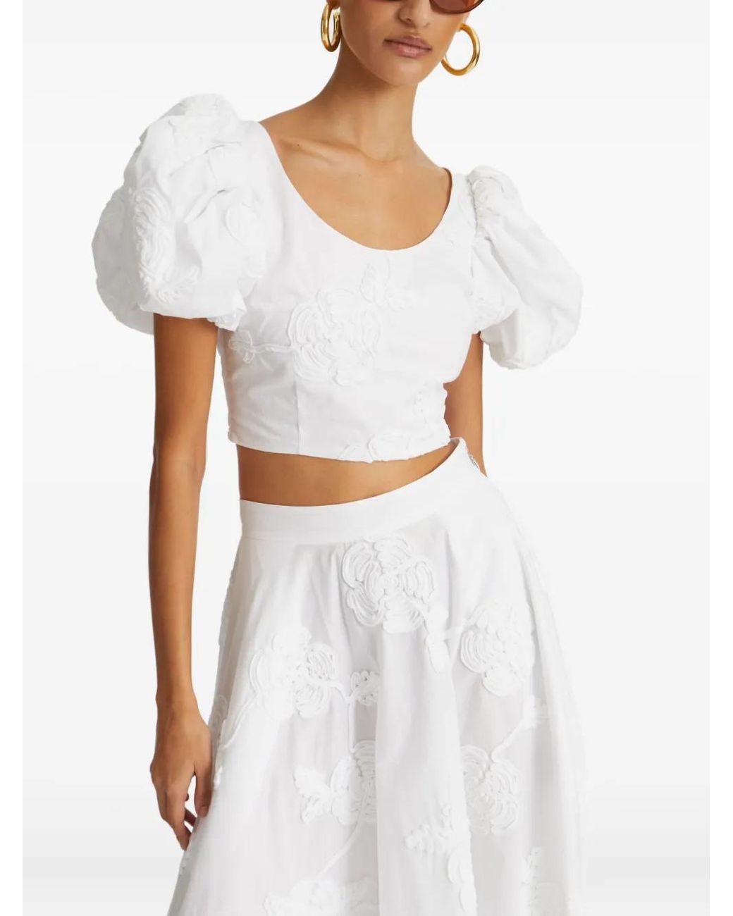 ROTATE BIRGER CHRISTENSEN White Puff-Sleeve Floral-Embroidered Top