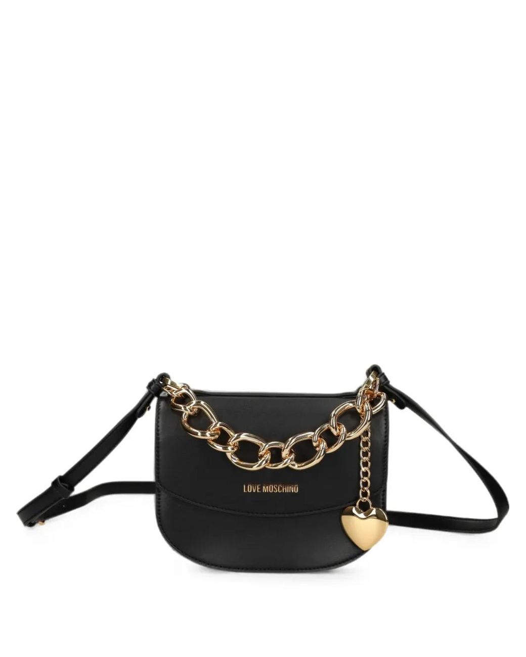 Love Moschino Black Chain-Link Heart-Charm Cross Body Bag