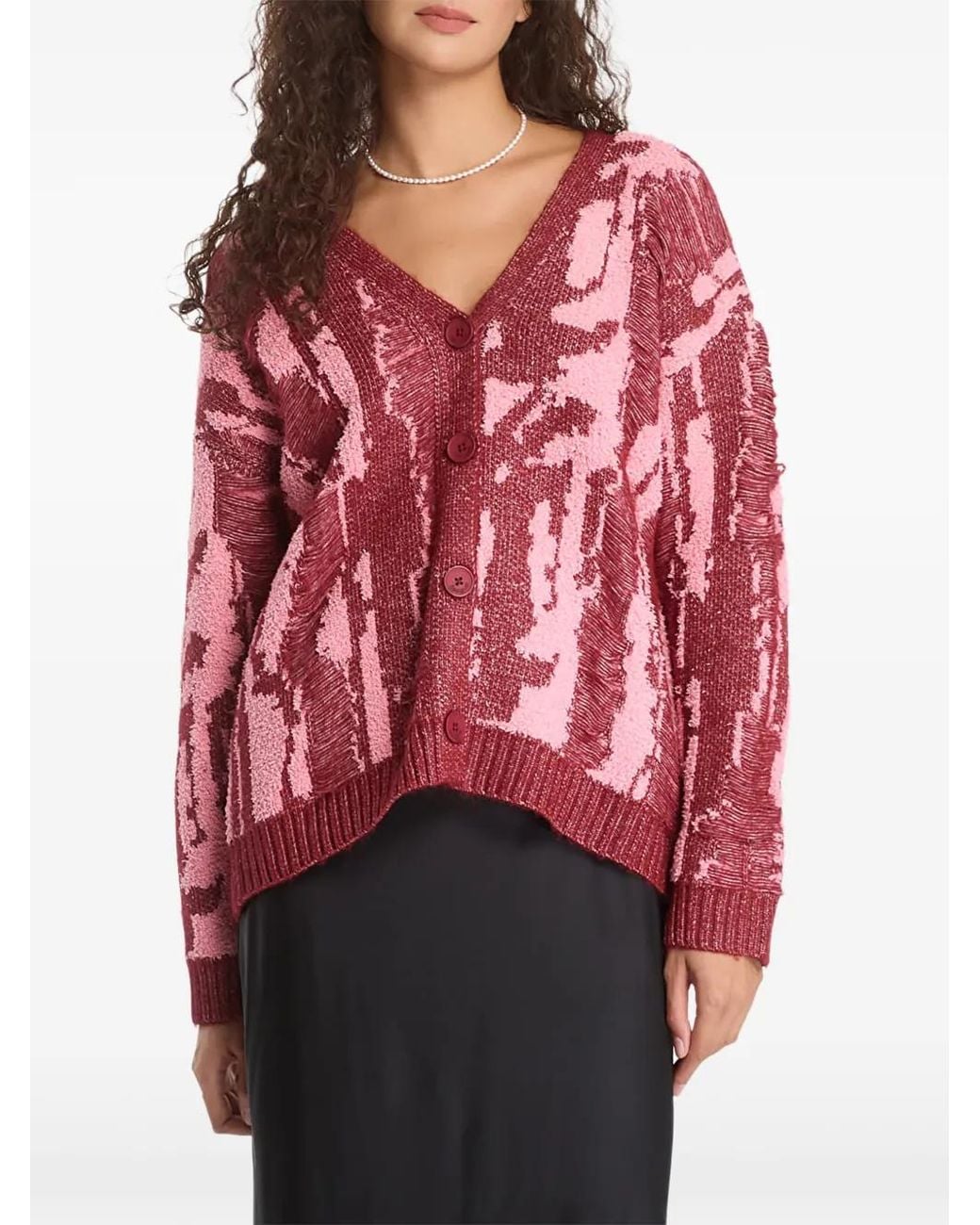 Desigual Red Cardigan En Jacquard À Effet Usé