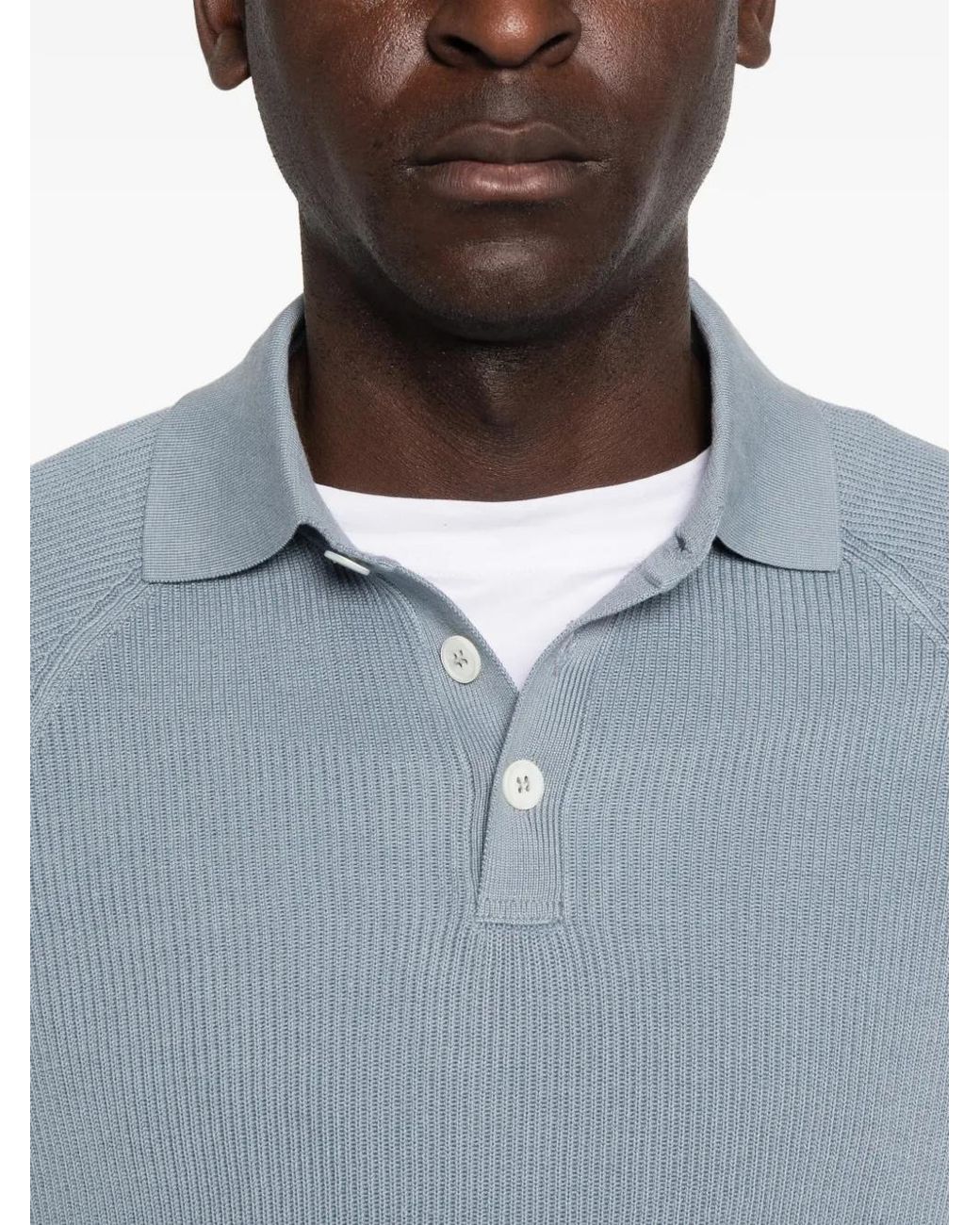 Brunello Cucinelli Blue Cotton English Rib Knit Polo With Long Raglan Sleeves for men