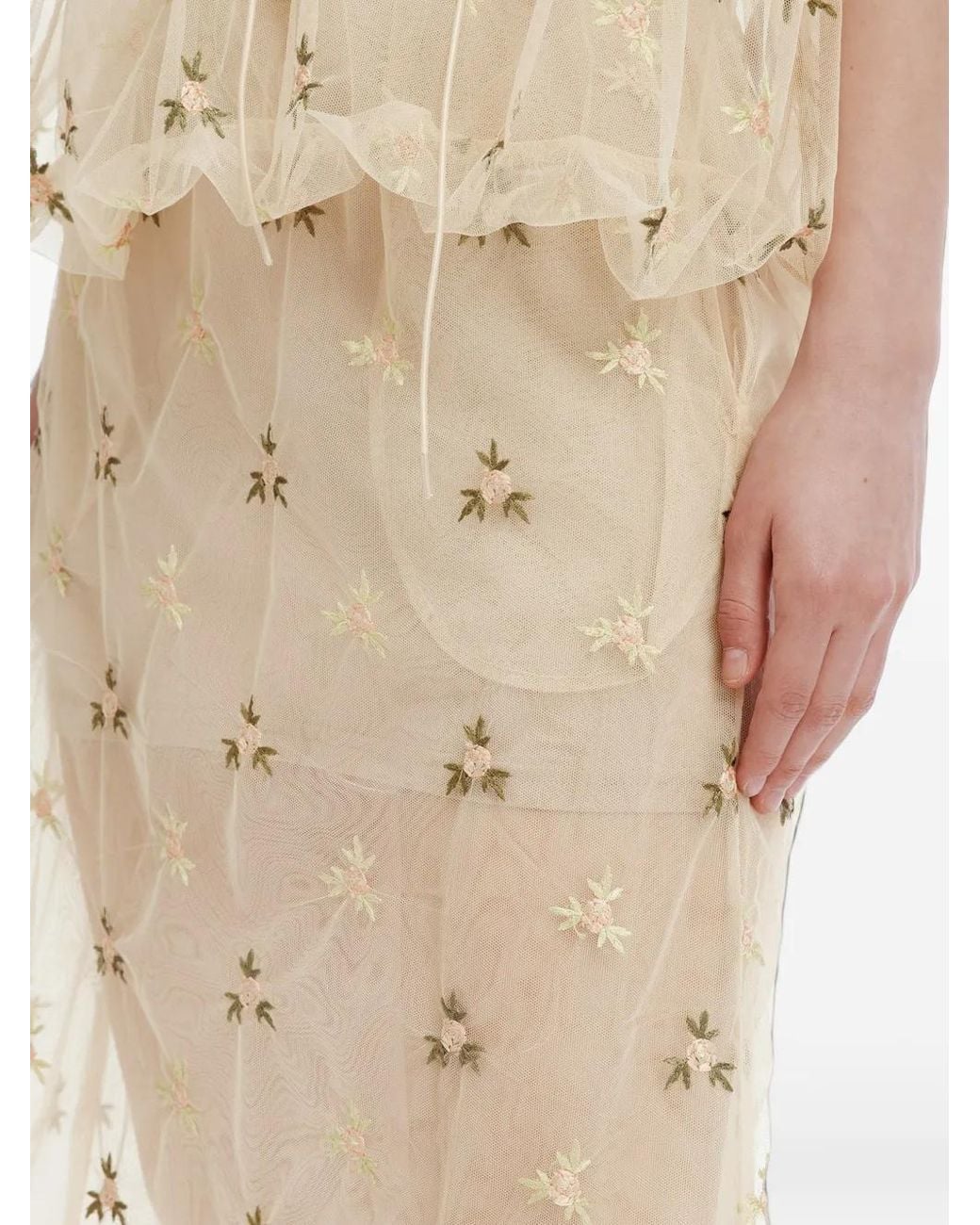Simone Rocha Natural Ripple Floral-Embroidered Tulle Midi Skirt