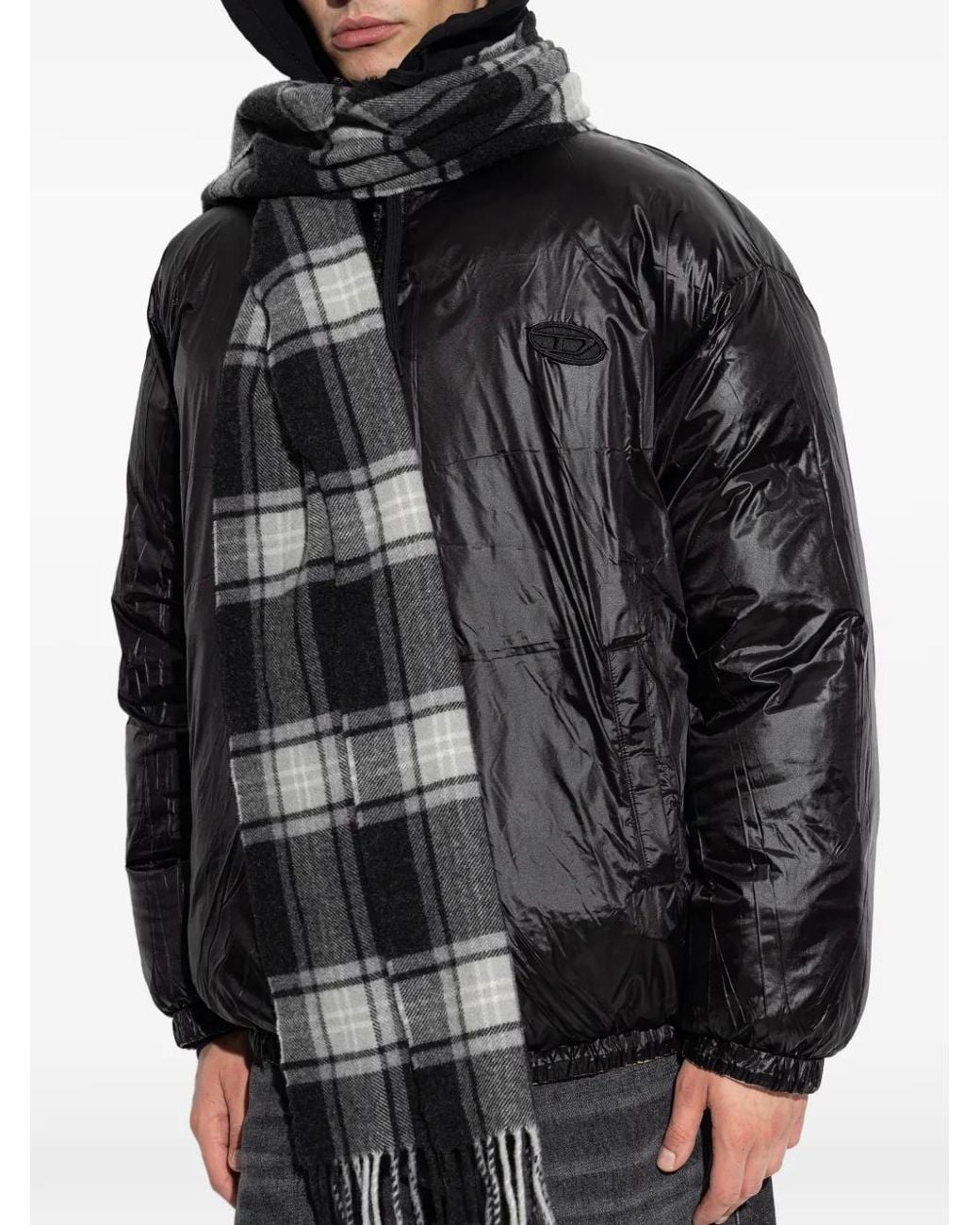 DIESEL Black Tartan Fringed Scarf for men
