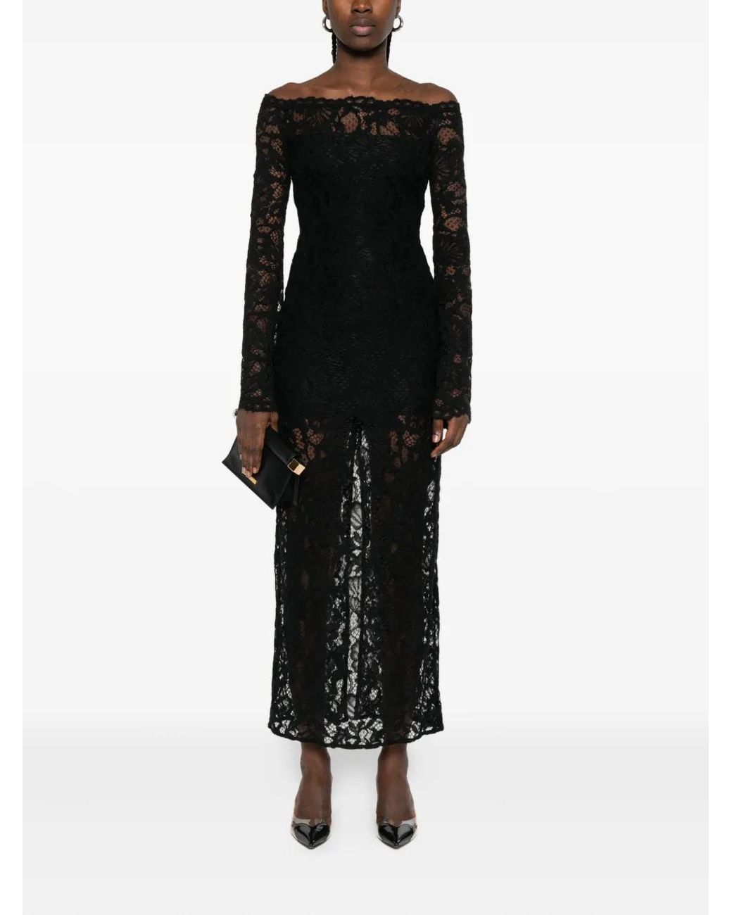 MANURI Lace-Embellished Boat-Neck Maxi Dress in Black | Lyst