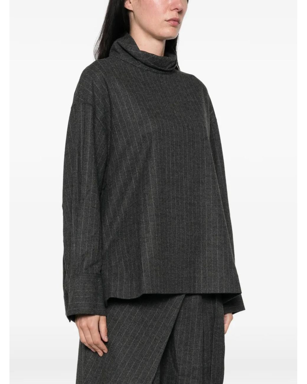 LA PISCINE Gray Pinstripe-Pattern High-Neck Blouse