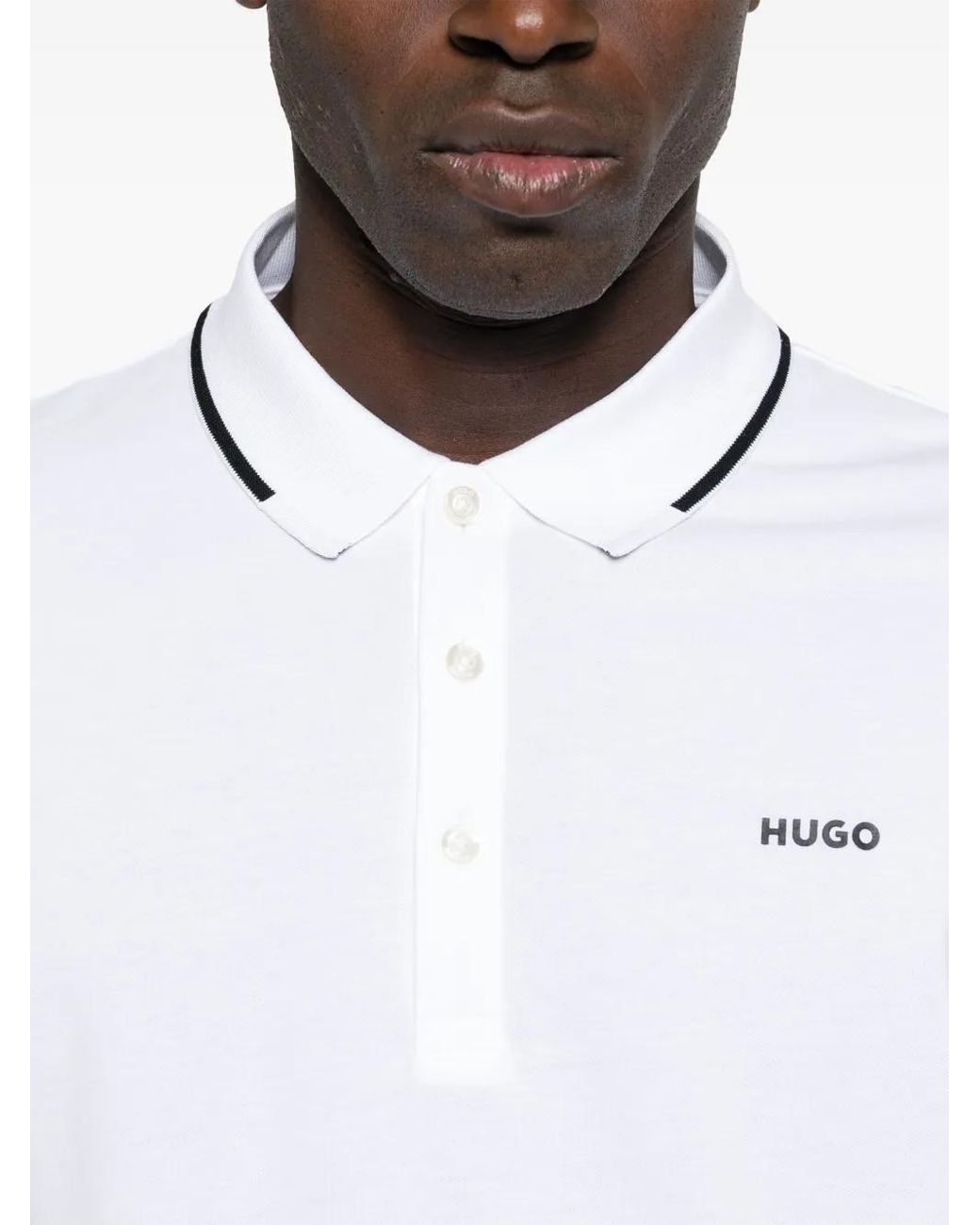 HUGO White Logo-Appliqué Polo Shirt for men