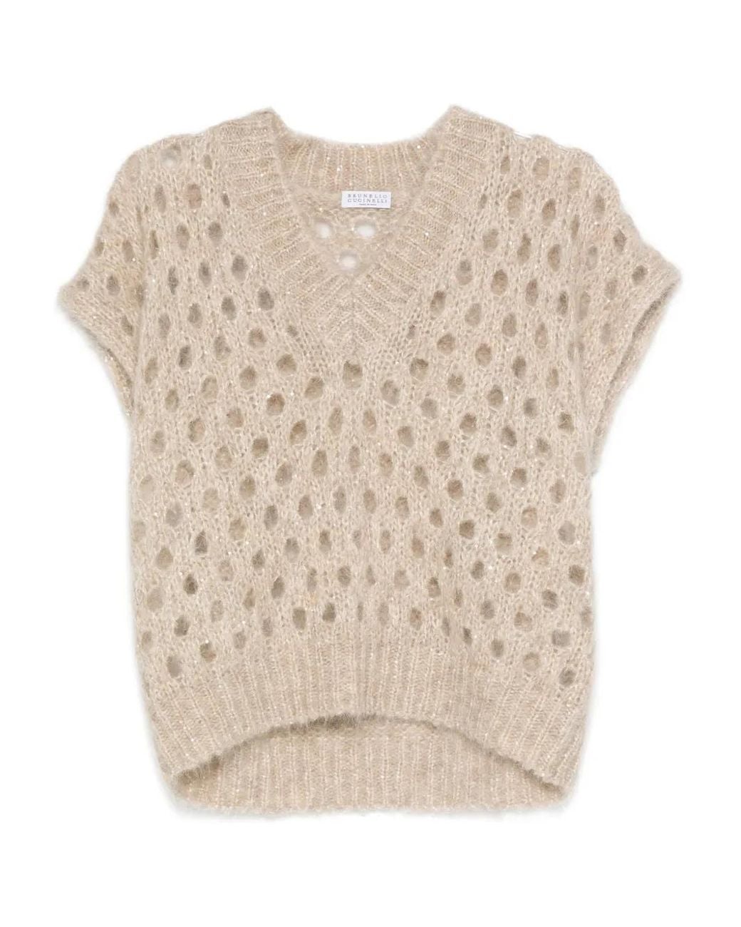 Brunello Cucinelli Natural V-Neck Open-Knit Vest