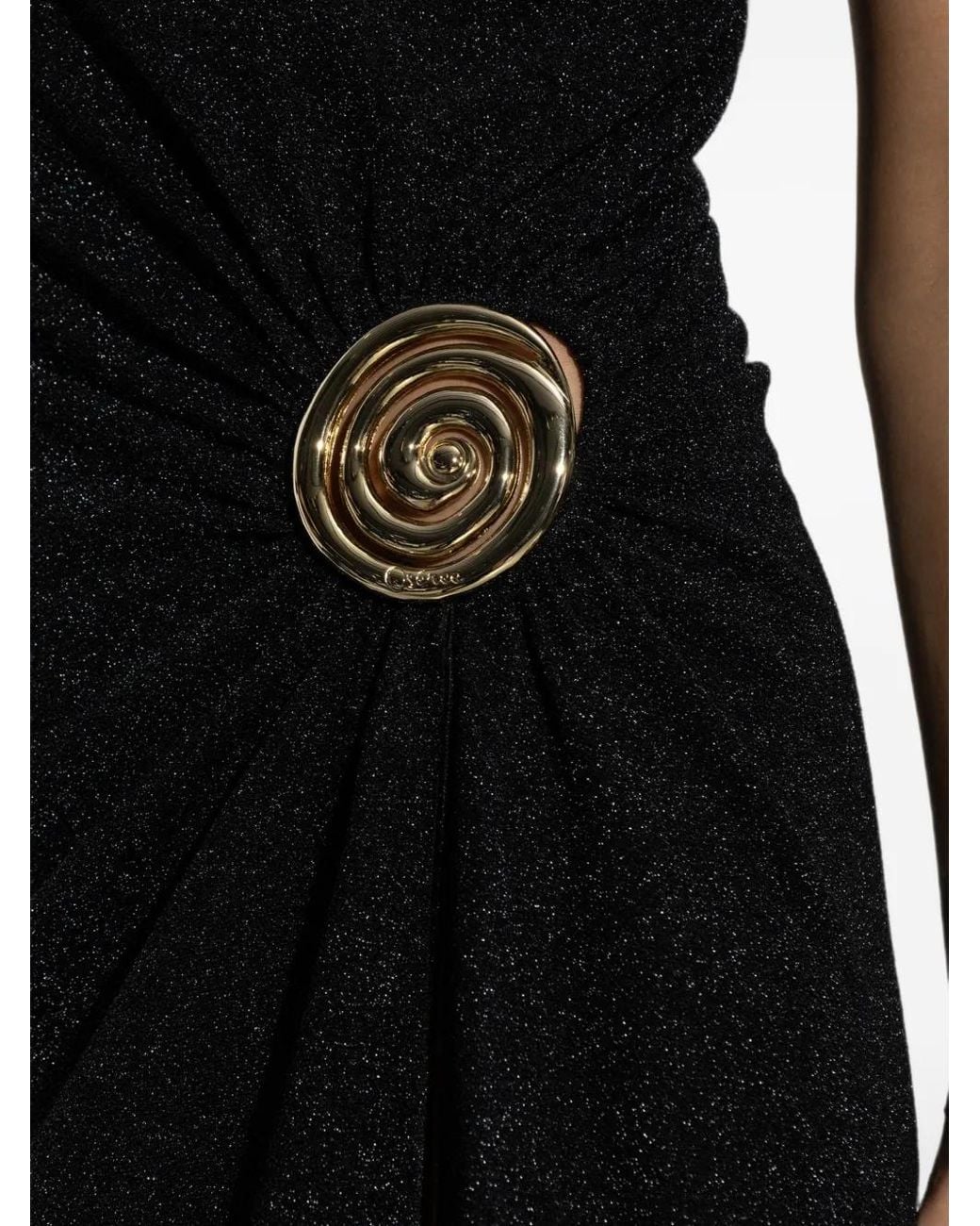 Oseree Black One-Shoulder Metallic-Effect Midi Dress