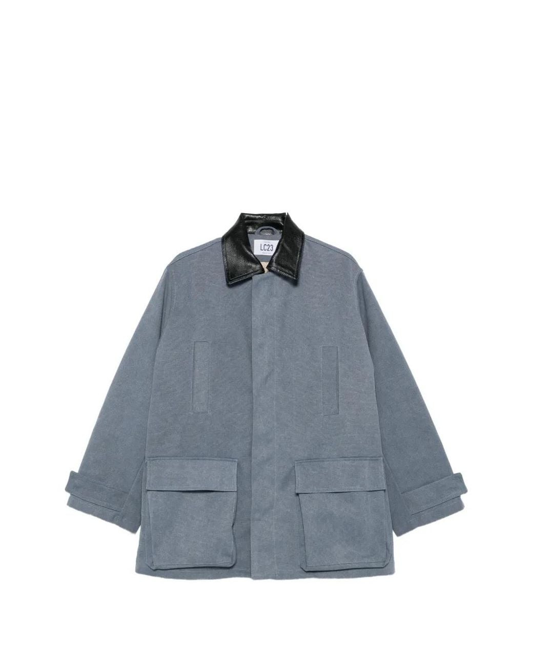 LC23 Blue Contrasting-Collar Flap-Pocket Coat for men