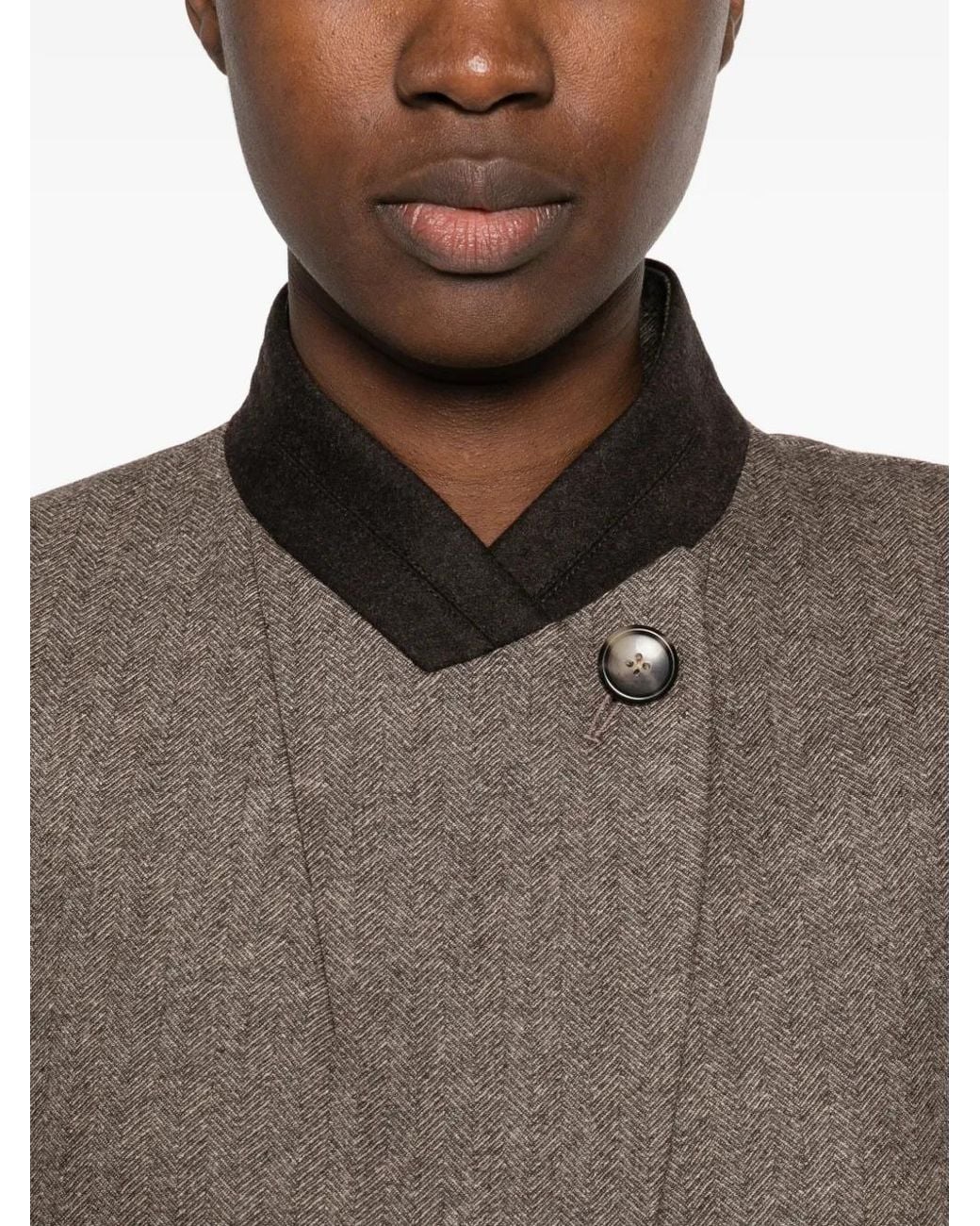 Twp Brown Herringbone-Pattern Asymmetric-Fastening Jacket