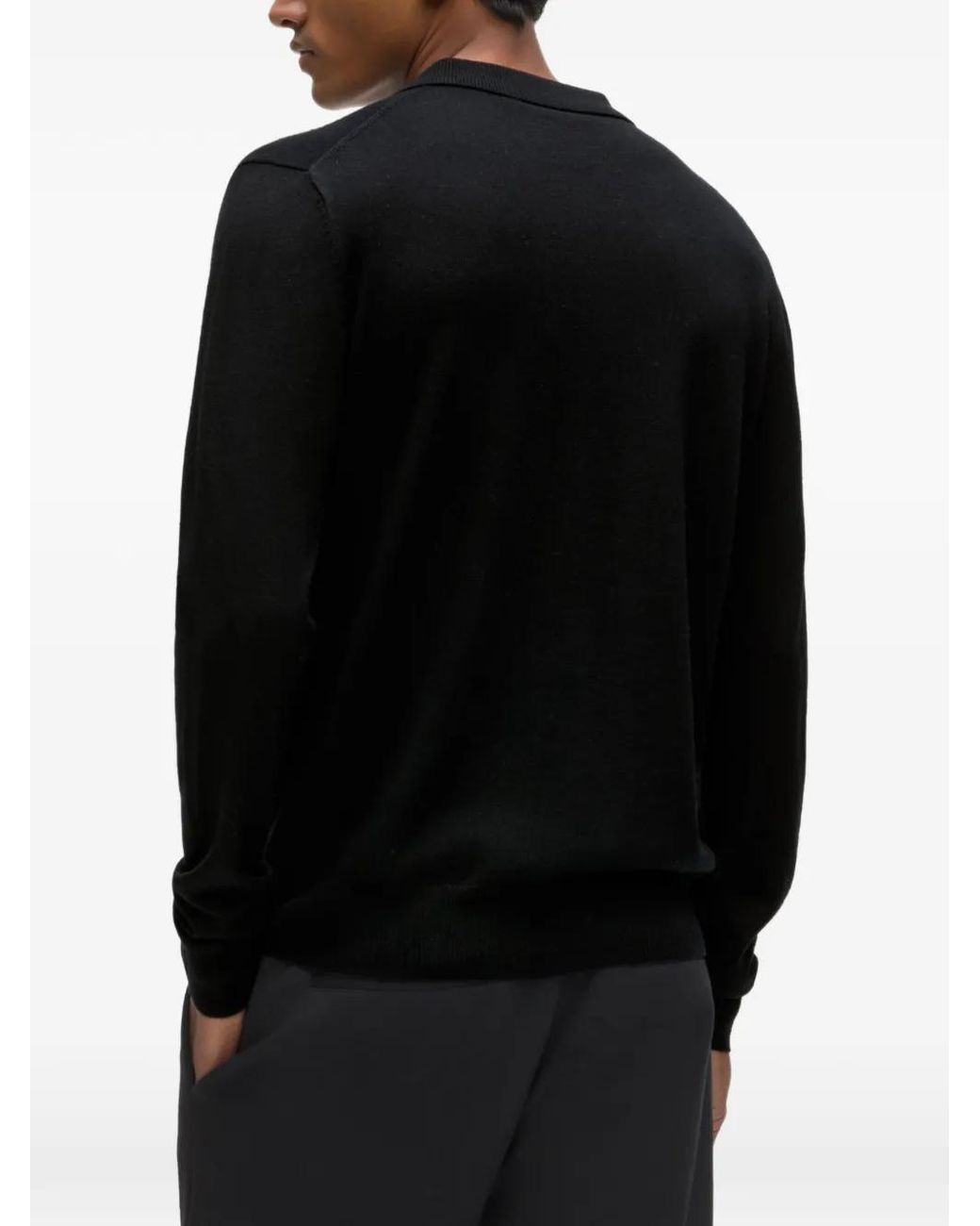 Karl Lagerfeld Black Merino Wool Long-Sleeved Polo Shirt for men